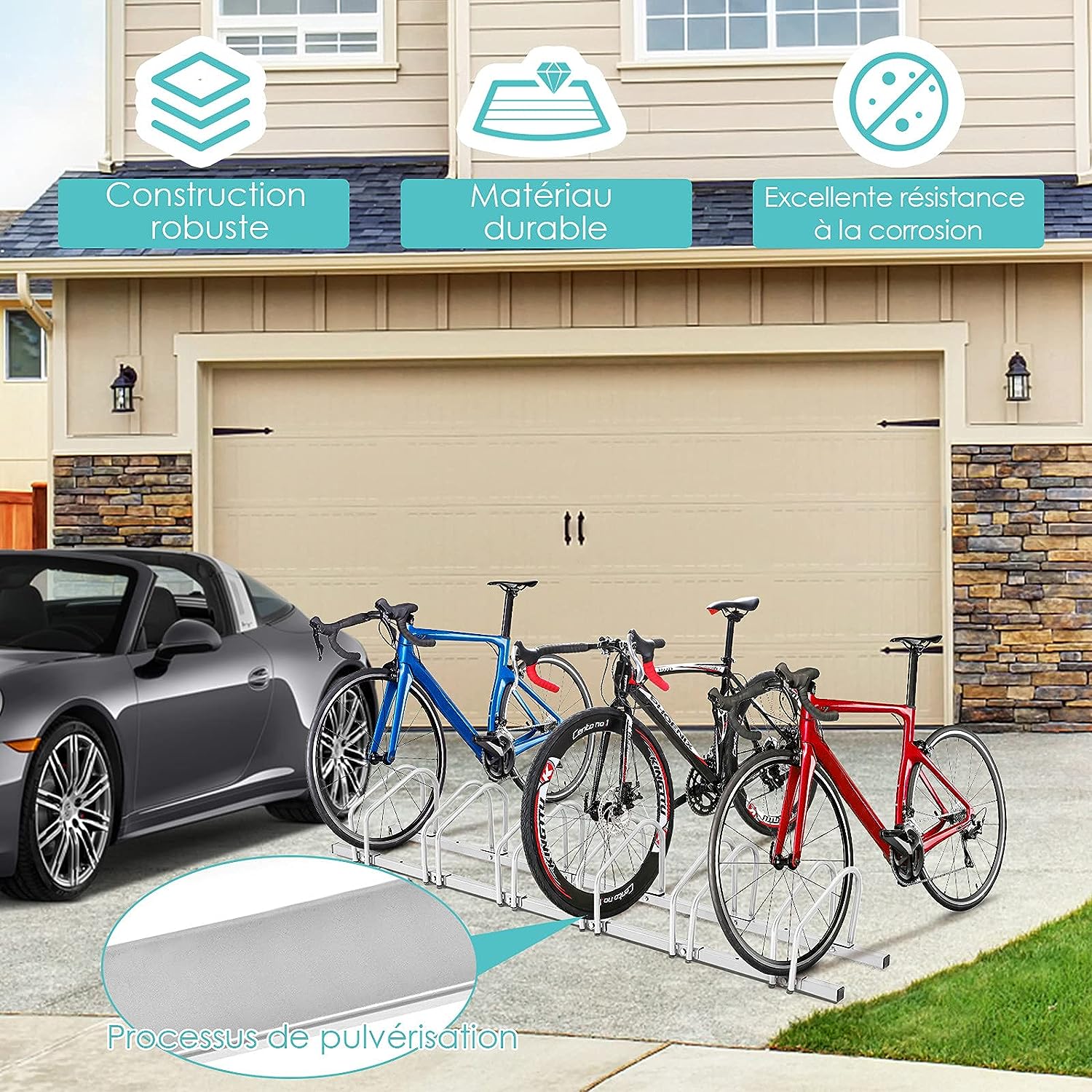 Râtelier 6 Vélos en Acier Revêtu Fixation au Sol ou Mur, Résistant aux Intempéries, 180x33x26 cm, pour VTT, Vélo de Course, Vélo d’Enfant, Argent - 5