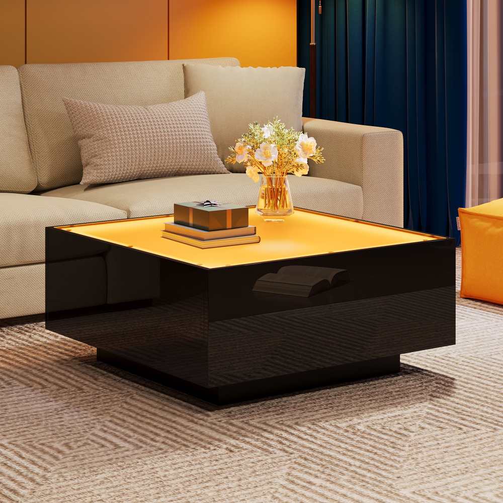 Stolik kawowy 70x70x36 cm z oświetleniem LED, stolik kawowy z czarnego, błyszczącego szkła do salonu, stolik kwadratowy do małych pomieszczeń