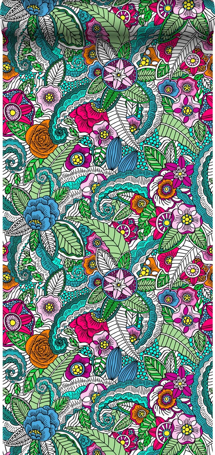Tapeta XXL kwiatowe mandale różowym,zielonym,pomarańczowym,fioletowymIniebieskim - 50 x 900 cm - ESTAHOME