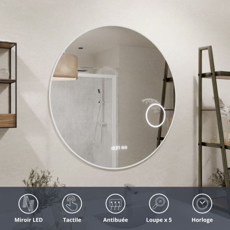 Miroir lumineux rond RONDINARA Ø 80cm - antibuée, horloge et loupe ...