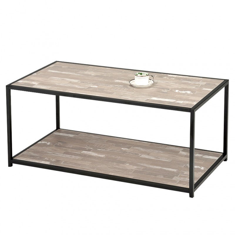 Table basse 112 cm décor bois patiné vieilli pieds métal noir - FIXI ...