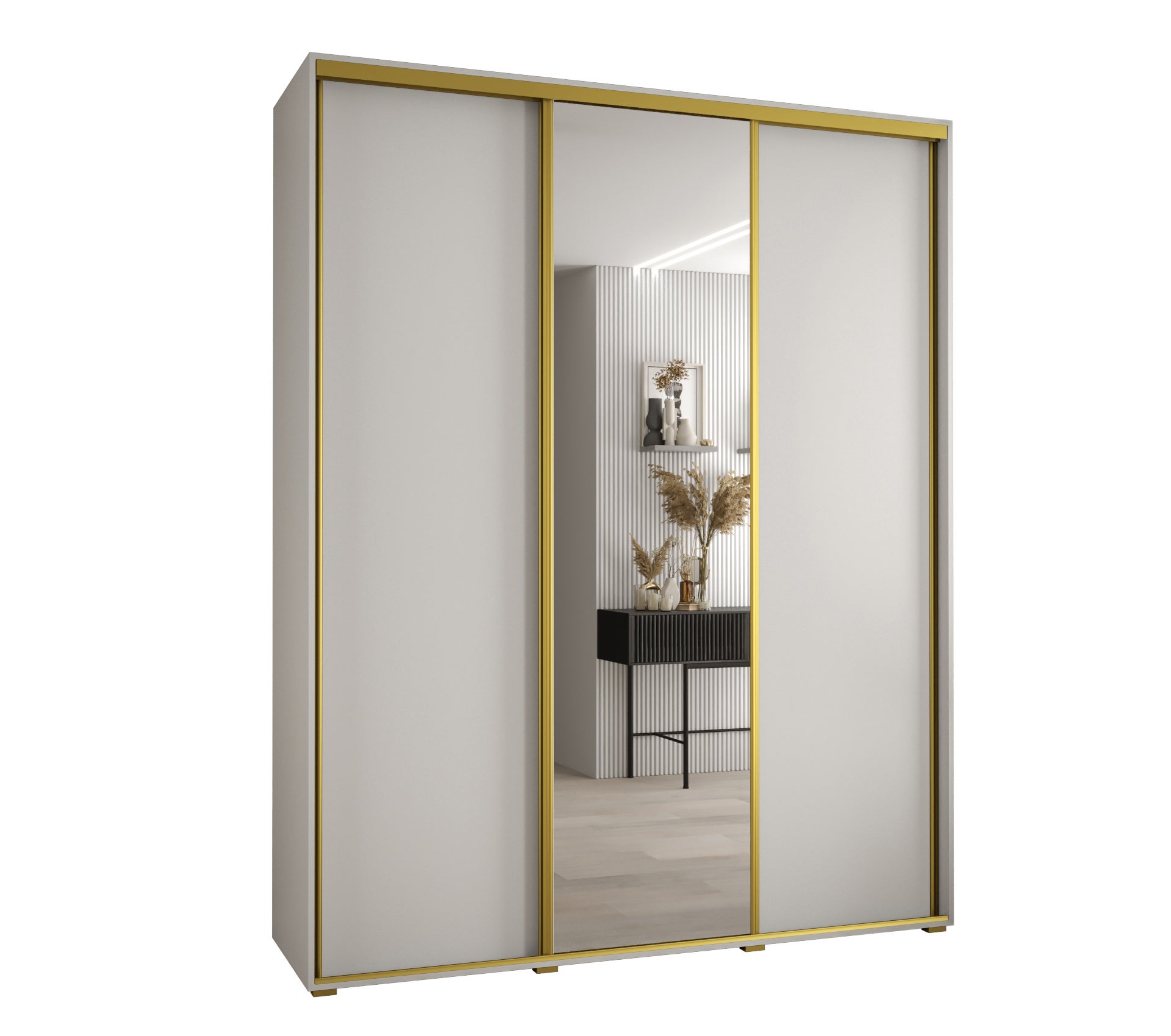 Szafa przesuwna z lustrem wysoka Davos 3 200 x 45 x 235,2 cm biały + biały + u. złoty - Abiks Meble