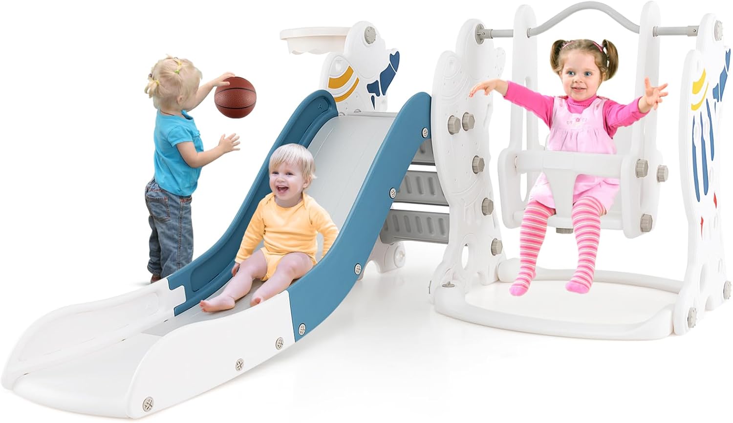 4 w 1 Zjeżdżalnia z Motywem Rakiety Kosmicznej, Huśtawka, Drabinki, Kosz do Koszykówki i Piłka, Zabaw dla Dzieci Powyżej 18 Miesięcy, Obciążenie 30 kg