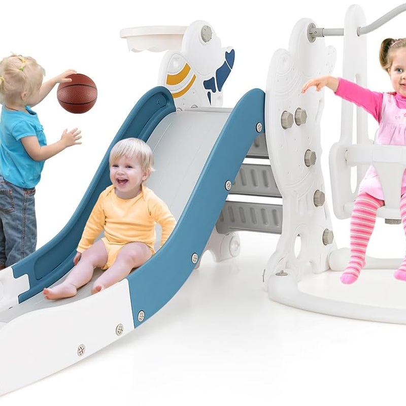 4 w 1 Zjeżdżalnia z Motywem Rakiety Kosmicznej, Huśtawka, Drabinki, Kosz do Koszykówki i Piłka, Zabaw dla Dzieci Powyżej 18 Miesięcy, Obciążenie 30 kg