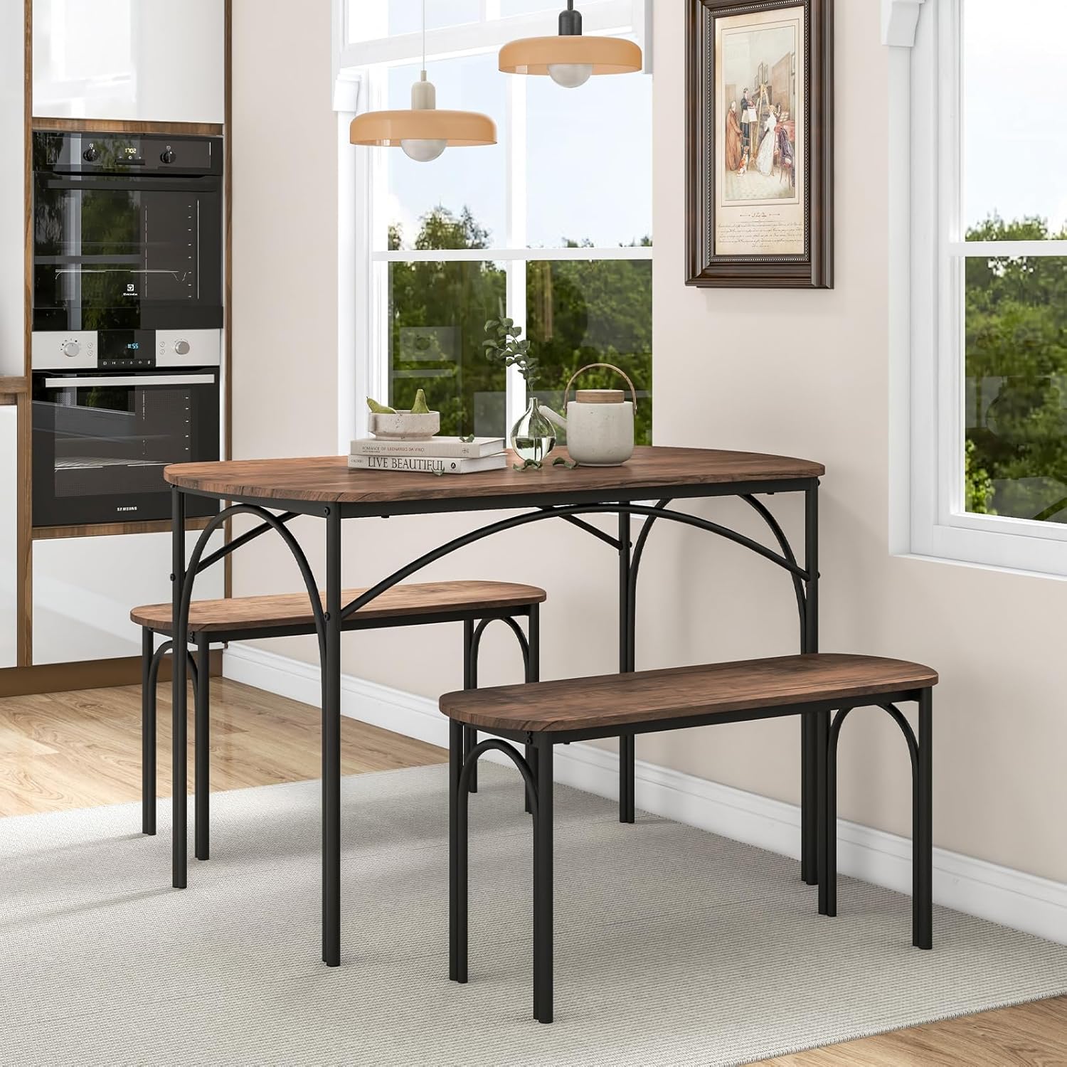 Set Tavolo Da Pranzo Gizoon Per 4 Persone Con 2 Panche - Design Salvaspazio, Struttura In Metallo