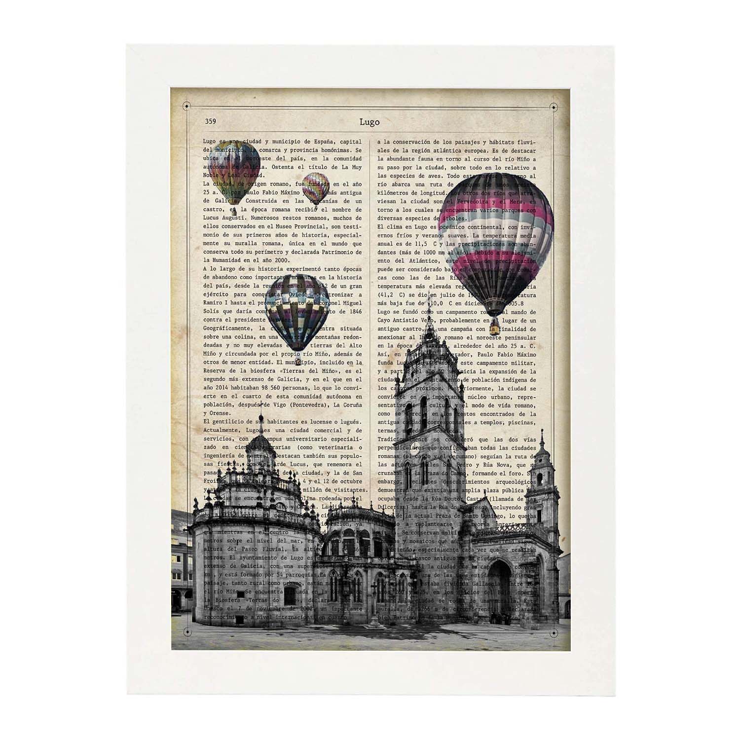 Lamina ciudad de lugo. estilo vintage. ilustracion, fotografia y collage con la historia de lugo. marco negro - a3