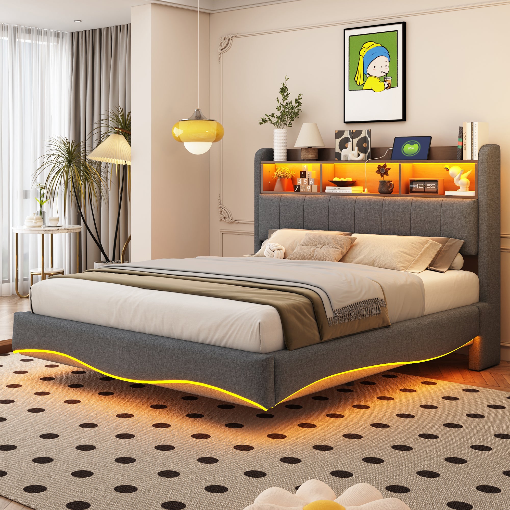 Łóżko tapicerowane 140 x 200 cm z zagłówkiem - LED, USB i TYPE-C - Tkanina lniana - Stelaż z listew - Szary