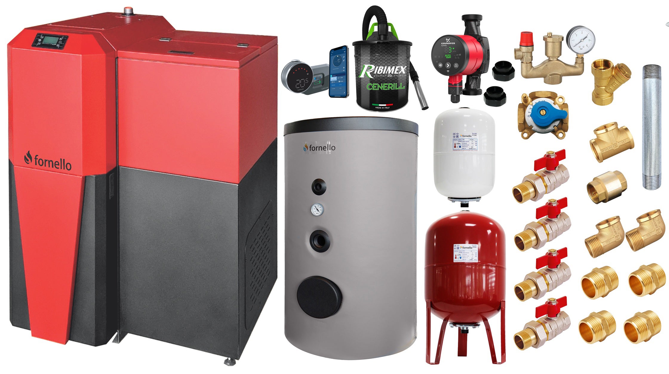 Pachet Centrala mixta Lemn/Pelet Fornello Tera 28 kW, boiler de sol, termostat, aspirator, pompa, vas expansiune, fitinguri, 180 mp