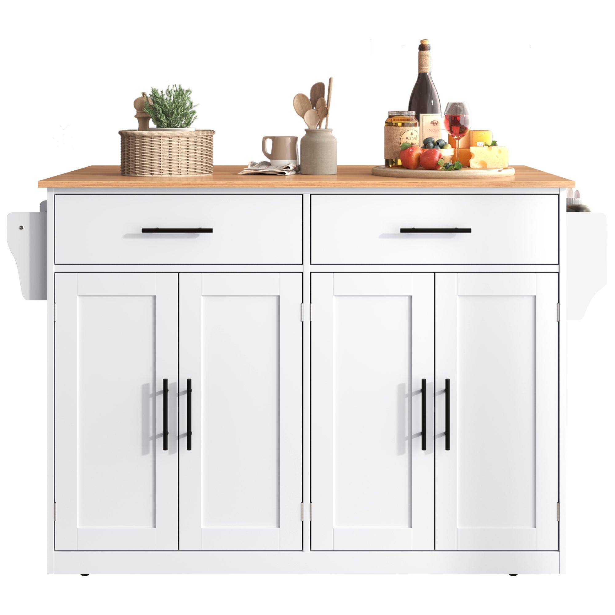 Ilot central de cuisine - 2 tiroirs et 4 compartiments - pieds en roulettes ou en bois - Blanc - 6