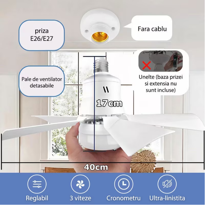 Petit ventilateur de plafond E27 avec lumière, télécommande intelligente, trois vitesses, pales amovibles, moteur en cuivre silencieux - 3