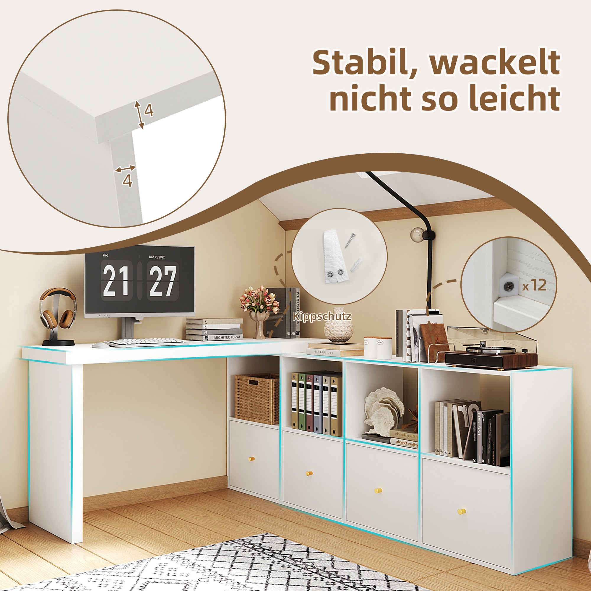 Bureau d'Angle Pivotant 360° Modulable L ou Droit, Table 120cm avec 4 Tiroirs & 4 Niches, Structure Renforcée 4cm, Flexible & Design - Blanc - 4