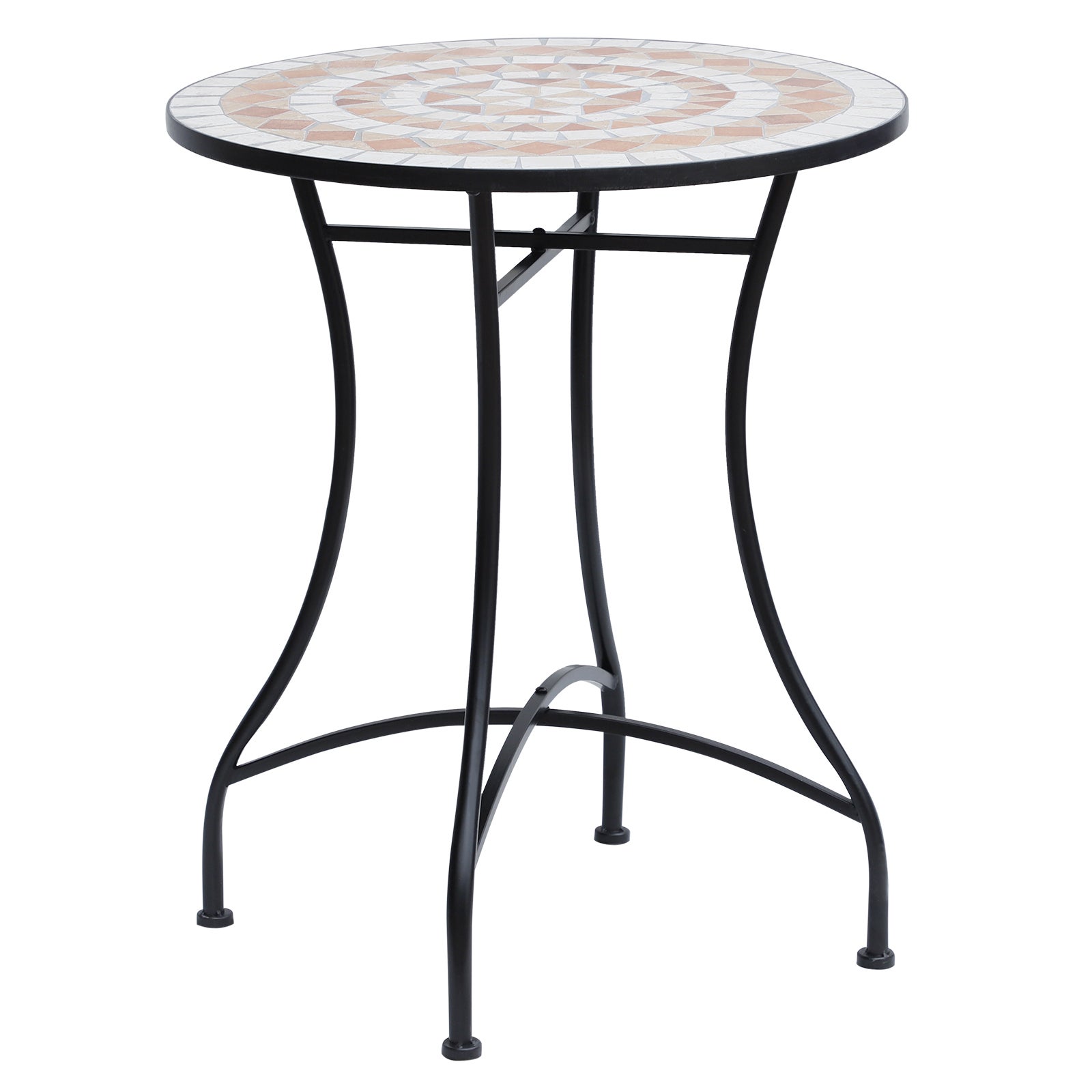 Mesa de jardín redonda de mosaico de ø60 cm, mesa auxiliar de balcón de acero y cerámica en naranja y blanco, altura 71 cm para jardín y balcón.