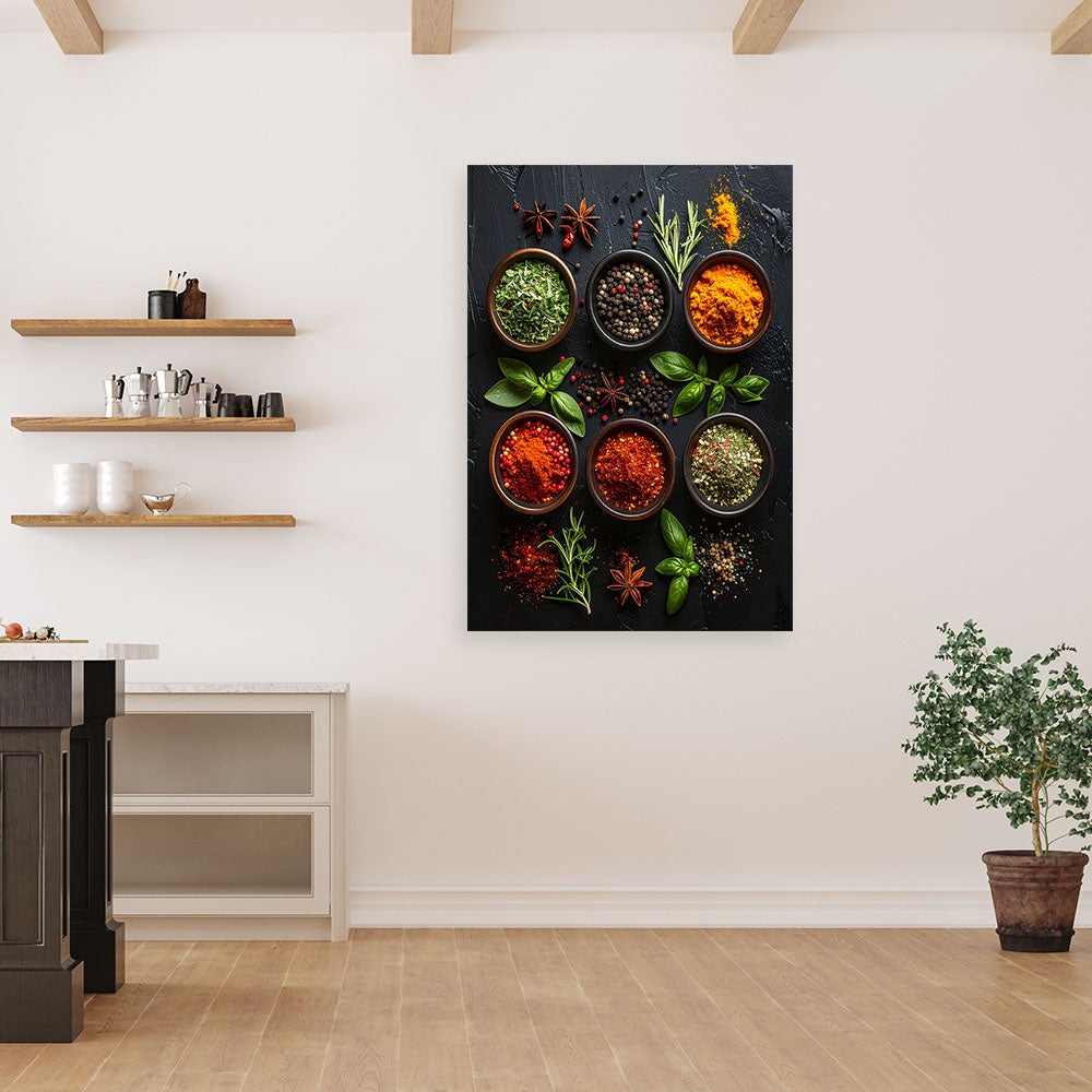 Obraz do kuchni restauracji baru jadalni, Przyprawy zioła w miskach 60x90