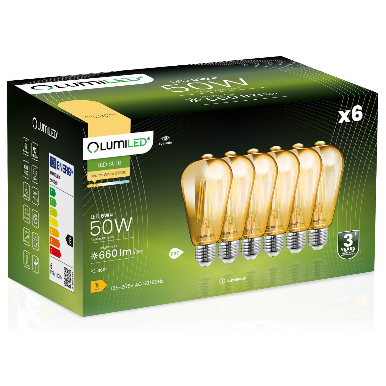 6x Żarówka Lumiled LED E27 Edison ST64 6W = 50W 660lm 2000K Ciepła 360st Bursztynowa Filament