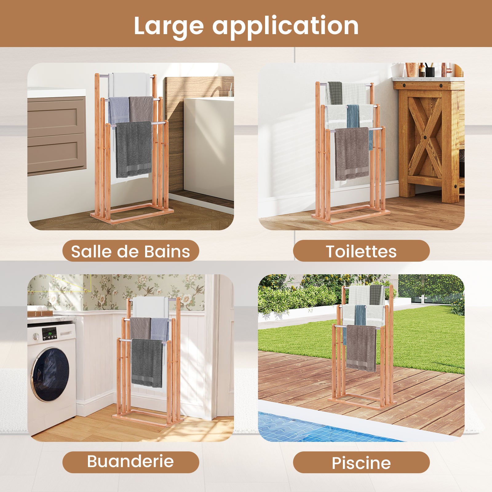 Portasciugamani in Bambù da Terra 46x24x84cm, Mobile Bagno con 3 Aste per Asciugamano in Acciaio Inox, Colore Naturale - 9