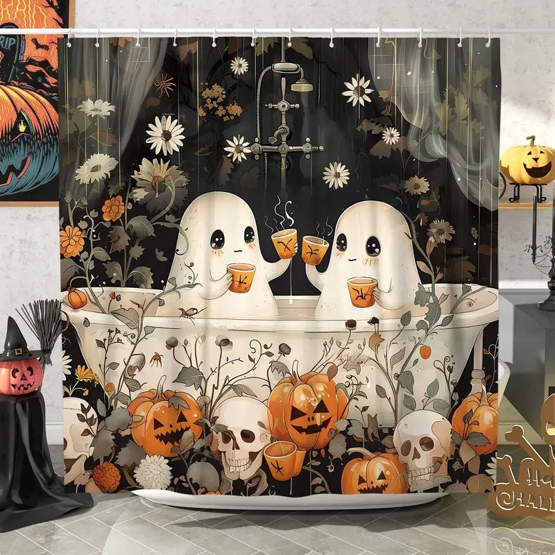 Urocza zasłona prysznicowa w duchy Halloween, wodoodporny poliester, który można prać w pralce, z 12 haczykami, 180 x 220 cm
