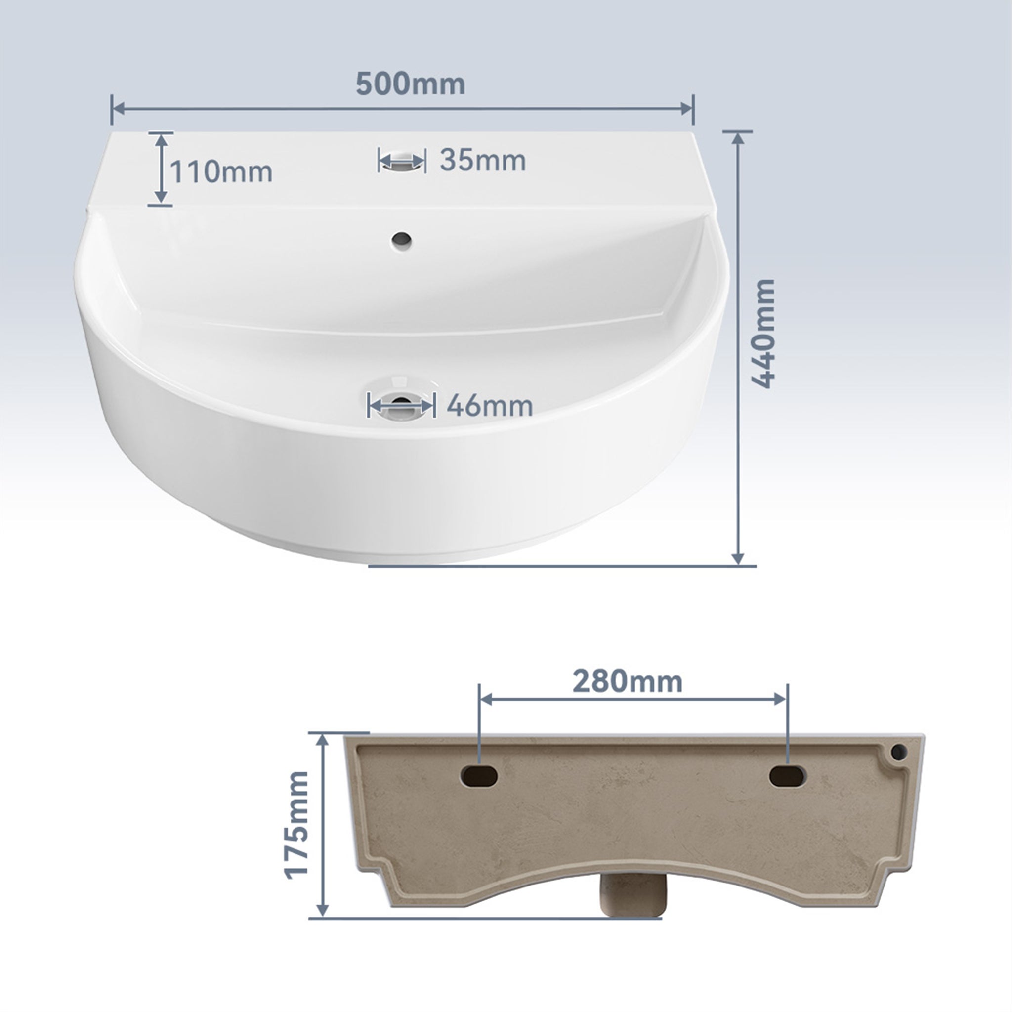 HOROW Lavabo semi-circulaire en céramique, à fixer au mur ou à poser, avec trop-plein et trou pour robinetterie, 50 x 44 cm - 2