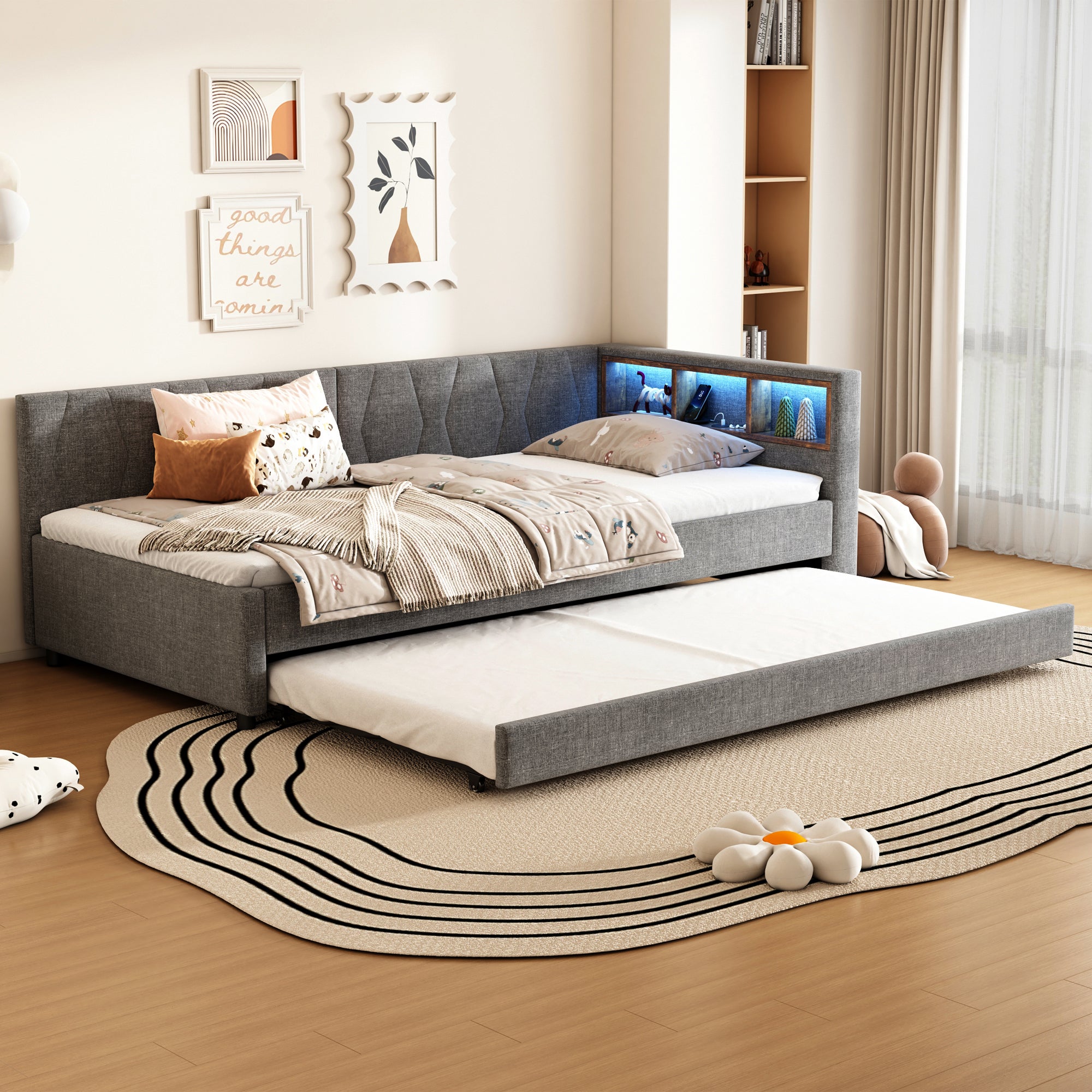 Łóżko wysuwane 90 x 200 cm + 90 x 190 cm z wezgłowiem i przegródkami - Ładowanie USB i typu C oraz diody LED - Tkanina lniana - Szary (bez materaca)