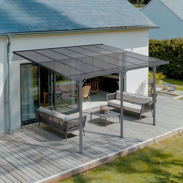 Pergola/Carport adossée 12m² KLEO 4x3m gris - toit terrasse en aluminium et polycarbonate