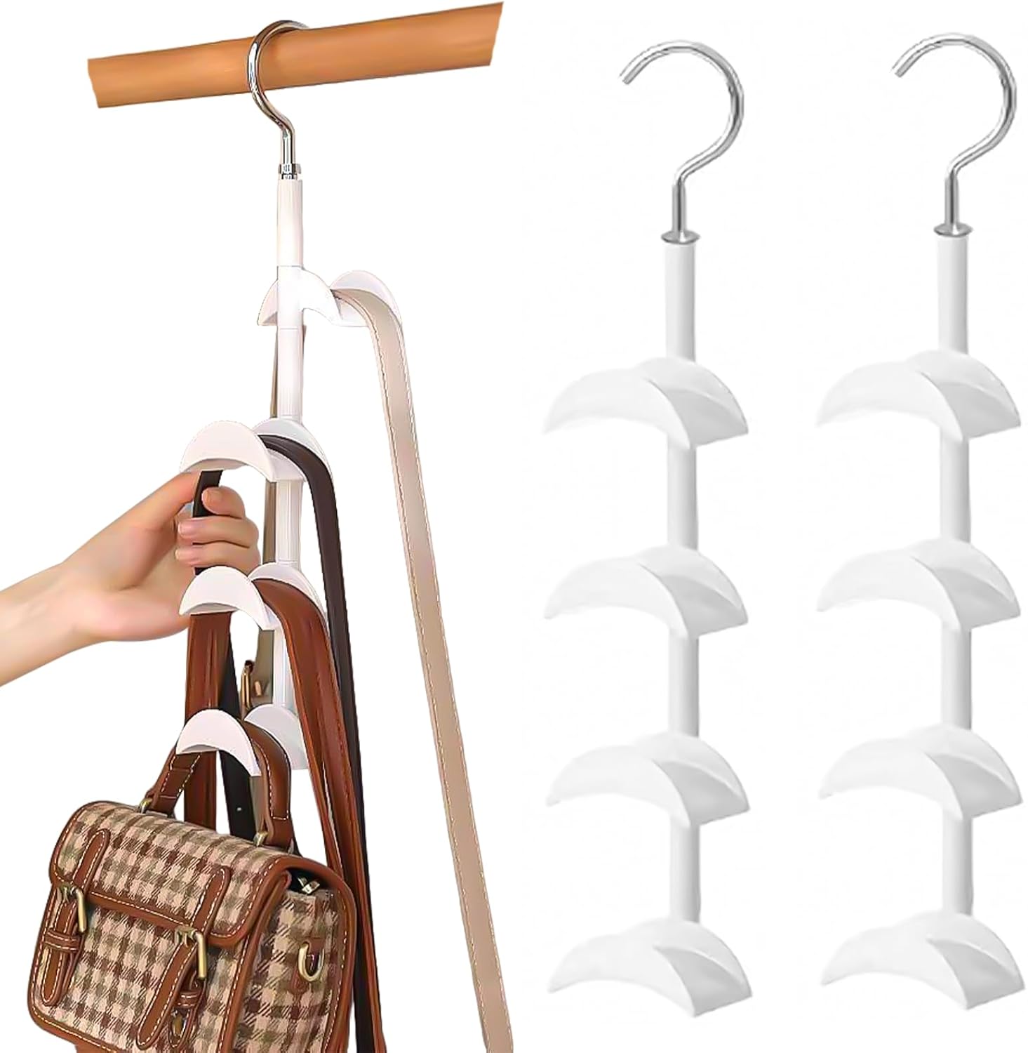 2-częściowy organizer na torebki, obrotowy uchwyt na torebki o 360 stopni, wieszak na krawaty i paski, wieszak na szaliki