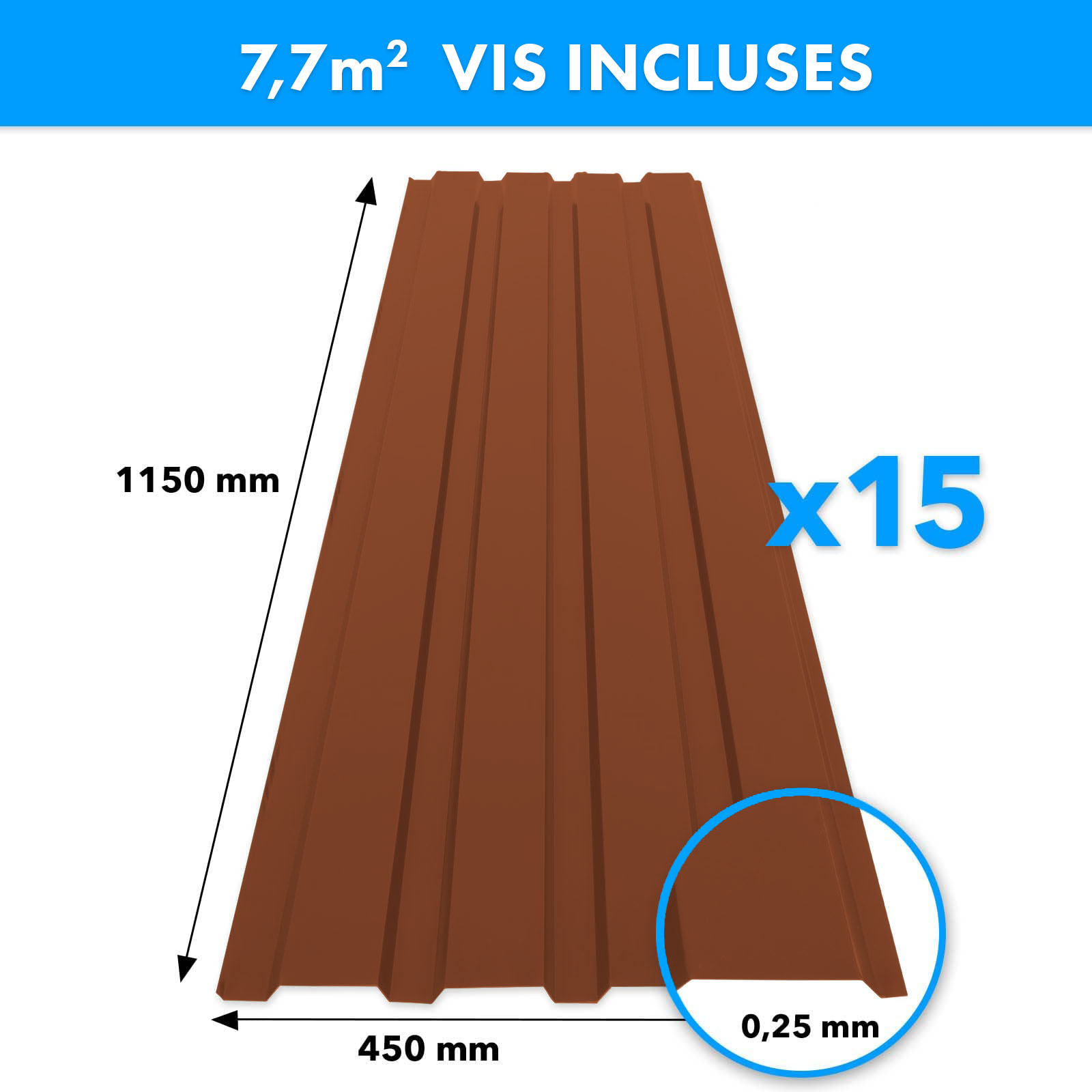 Lot de 15 tôles Couverture métallique Tôle avec vis Épaisseur : 0.25 mm, 115 x 45 cm, Marron - 6