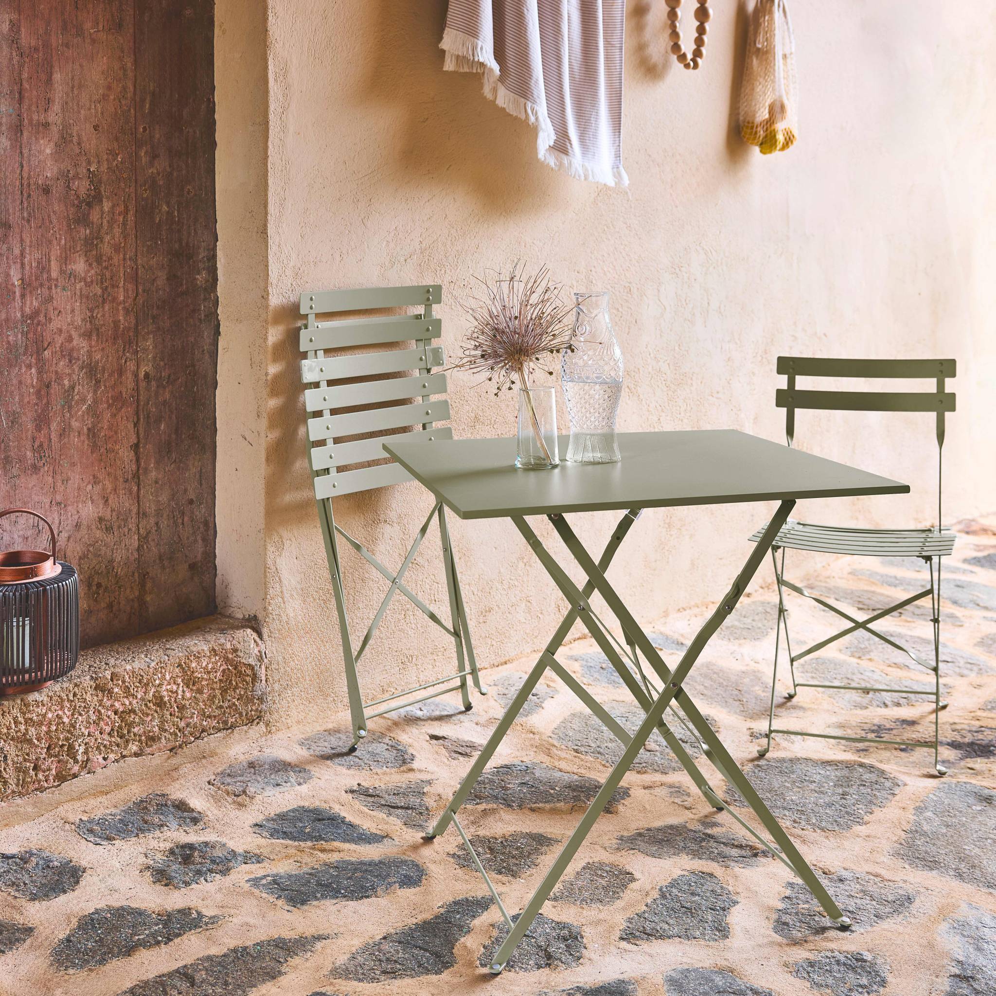 Table de jardin bistrot pliante métal + 2 assises vert de gris 70 x 70cm. acier thermolaqué EMILIA - 3