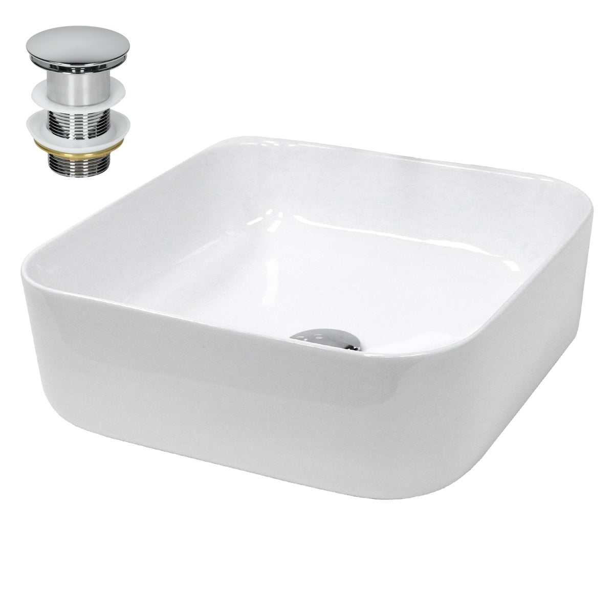 Lavoar de baie LuxeBath, 39x39x14 cm, din ceramica, forma patrata, cu ventil pop-up cromat, fara preaplin si orificiu baterie, chiuvetă pe blat, alb