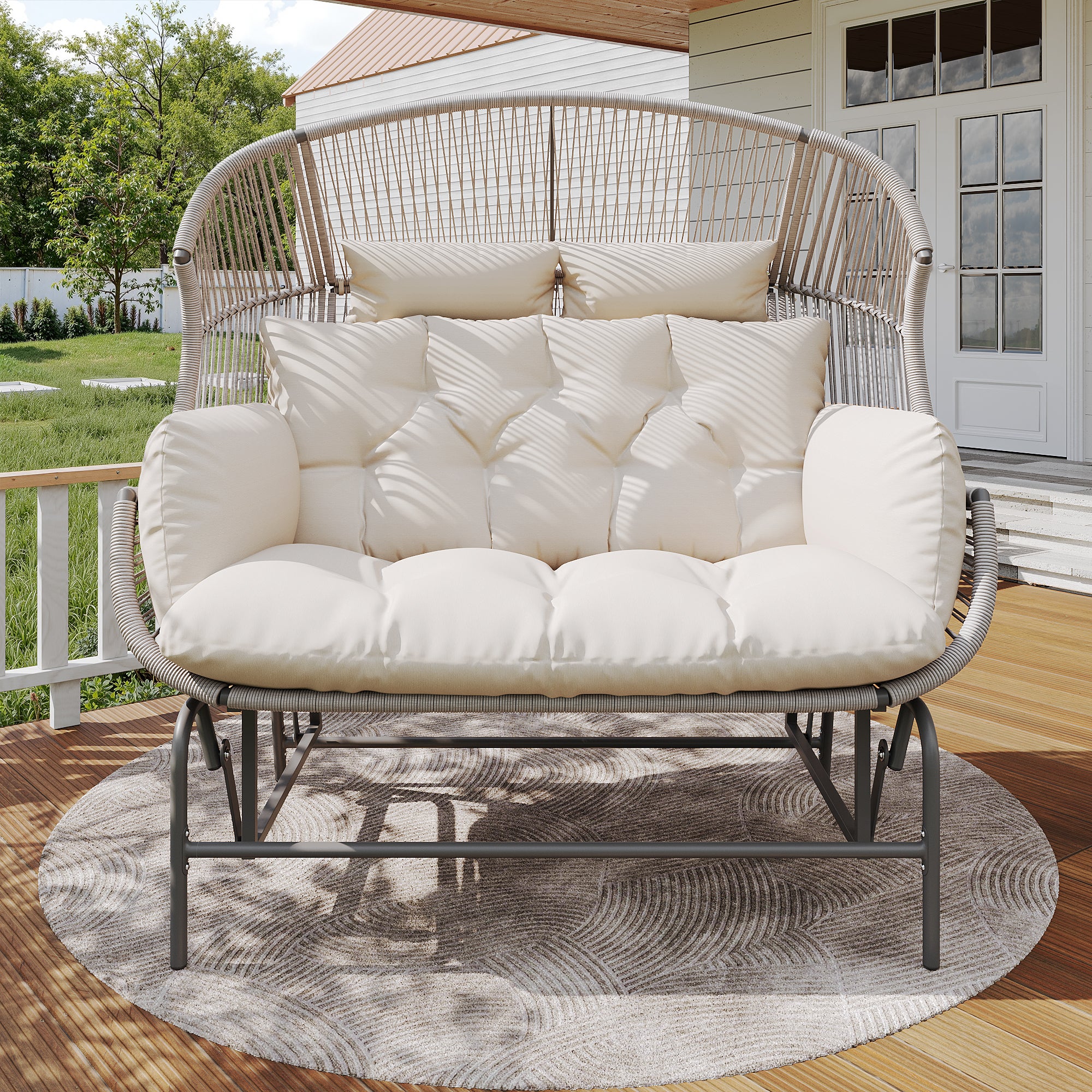 Podwójny bujany fotel ogrodowy 145x85x143 cm - Fotel bujany - rattan PE + żelazo + płótno wodoodporne - szary