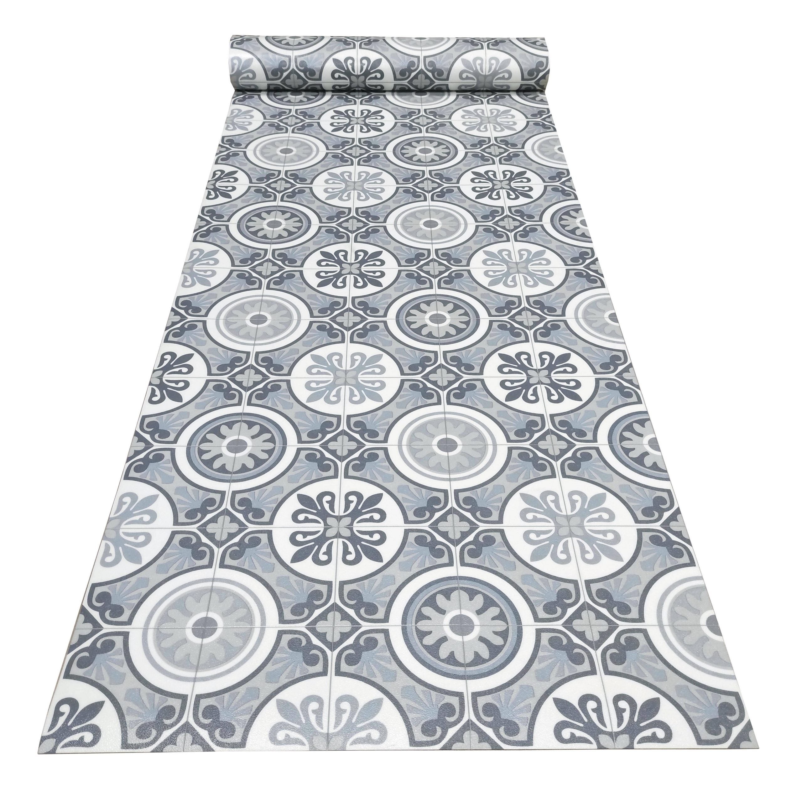 Alfombra vinilo baldosas hidráulica antideslizante -color azul-plata -alfombras tadi &imperio 1979 – 200x500 cm