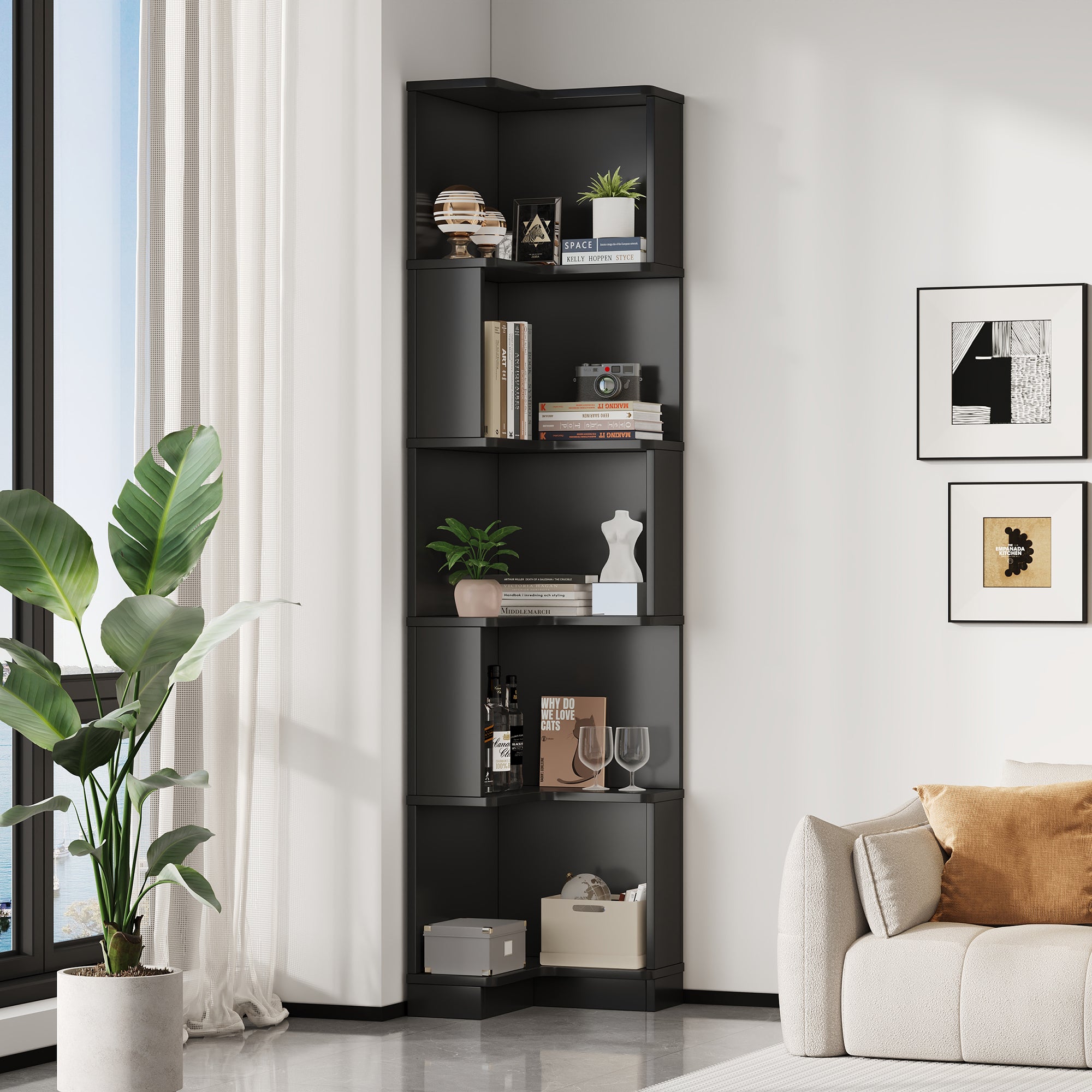 Libreria angolare con 5 ripiani - 63,5 x 45 x 175 cm - MDF - LED cambia colore - Nero - 4