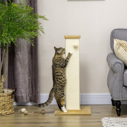 Tiragraffi Per Gatti 80 Cm A Cactus – 3 Pali In Sisal Naturale Con 2 Palline, Base In MDF, 21 Foglie