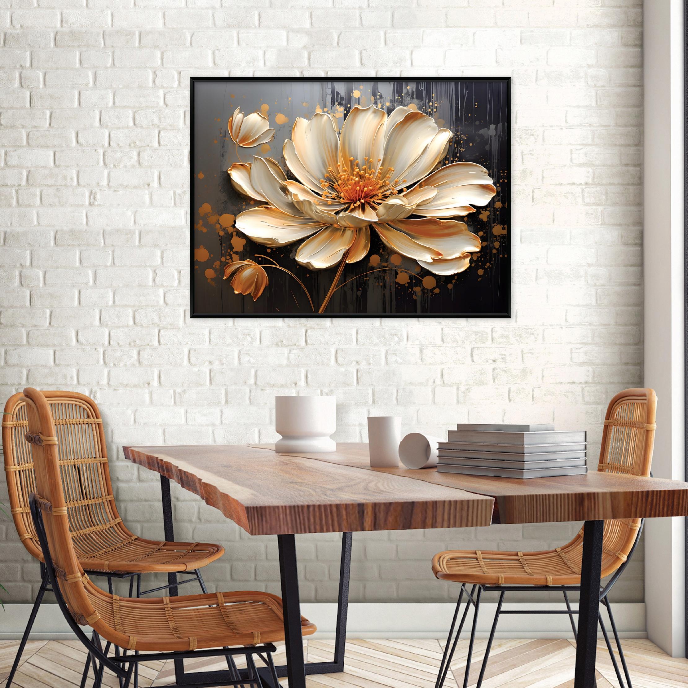 Quadro em tela com moldura, estampa de flores abstratas douradas - 100x70 cm - Ideal para quarto e sala de estar. - 2