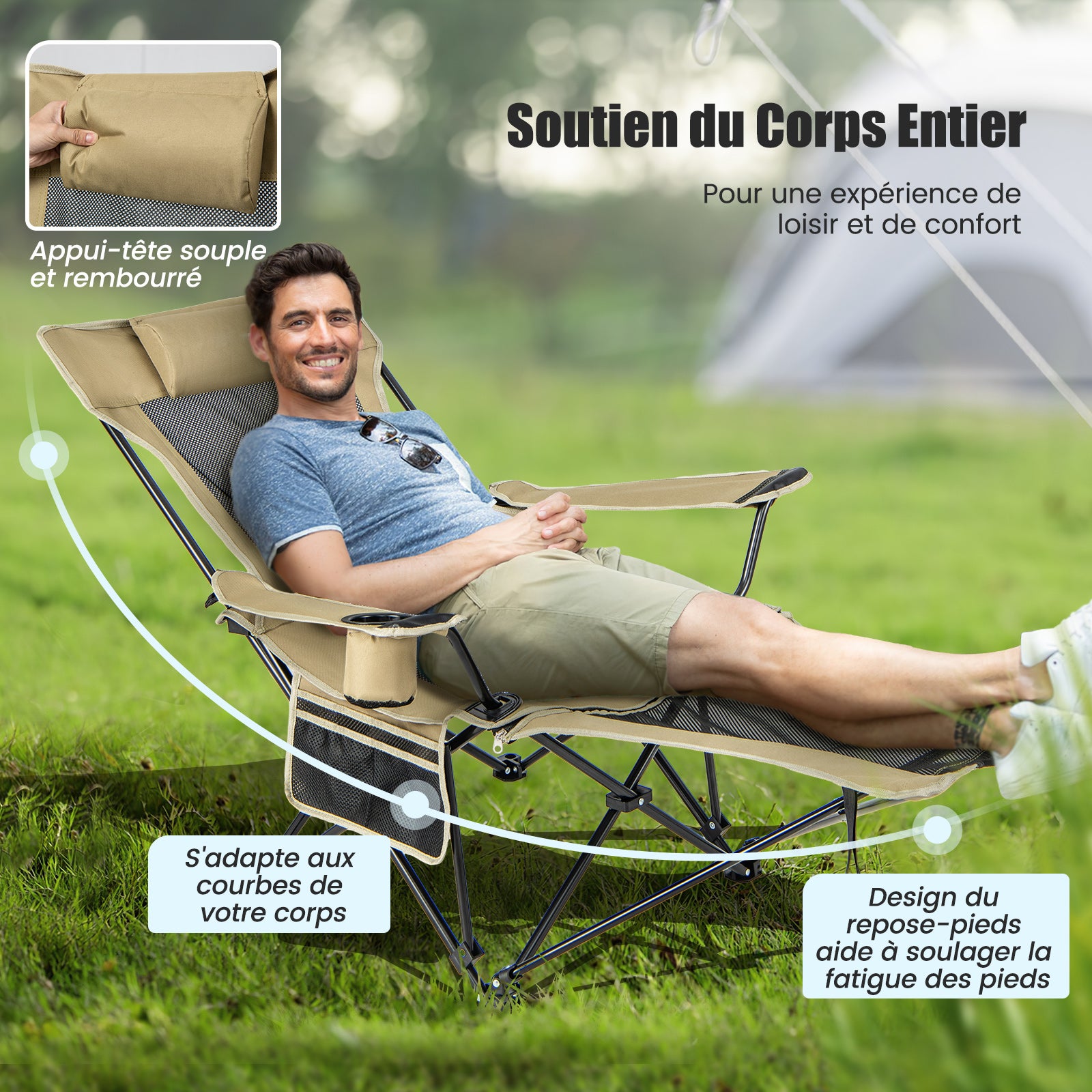 Chaise de Camping Pliable, Poche Latérale et Porte-Gobelet, Charge 150 KG(Kaki) - 7