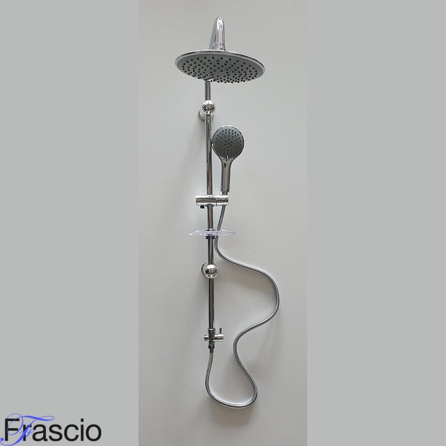 Tringle de douche double avec barre coulissante et pomme de douche centrale ronde