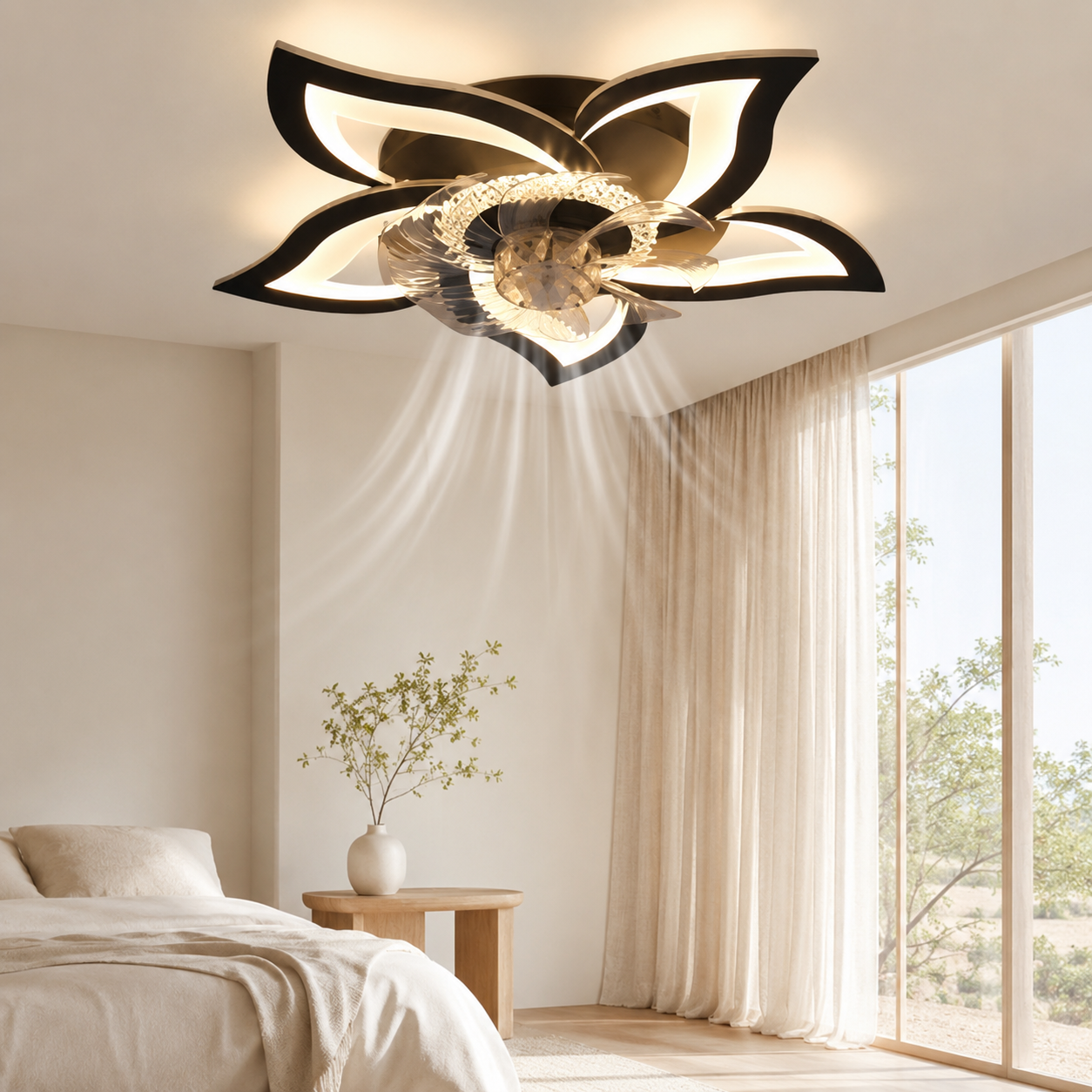 NETTLIFE Lampowentylator LED 48W Czarny Cichy, Ściemnialny 3 Barwy Światła, 6 Prędkości, Pilot i Timer do Salonu Sypialni Jadalni Nowoczesny