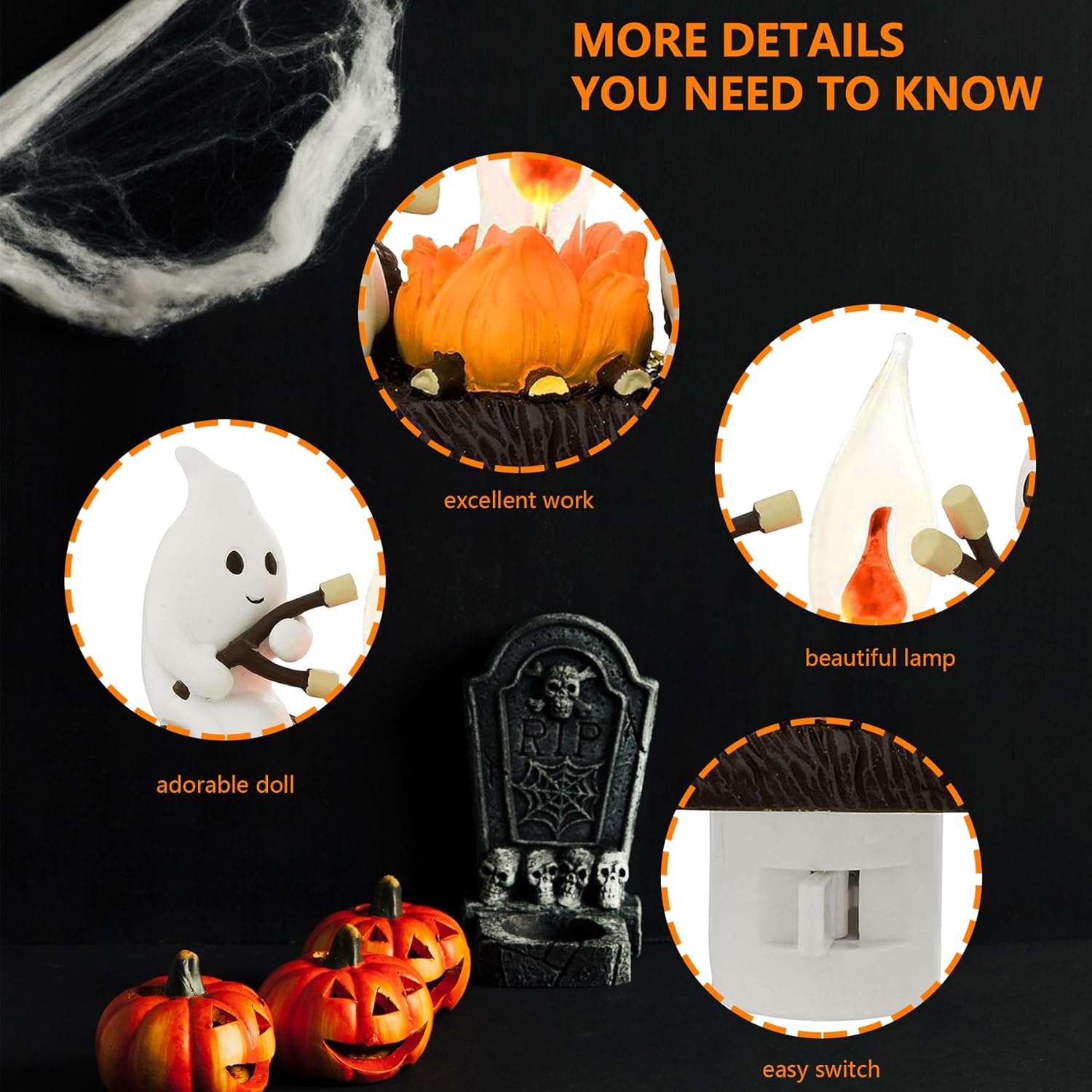 Veilleuse vacillante en forme de feu de camp fantôme pour décoration d'intérieur d'Halloween. Faux feu de camp effrayant et mignon - 6