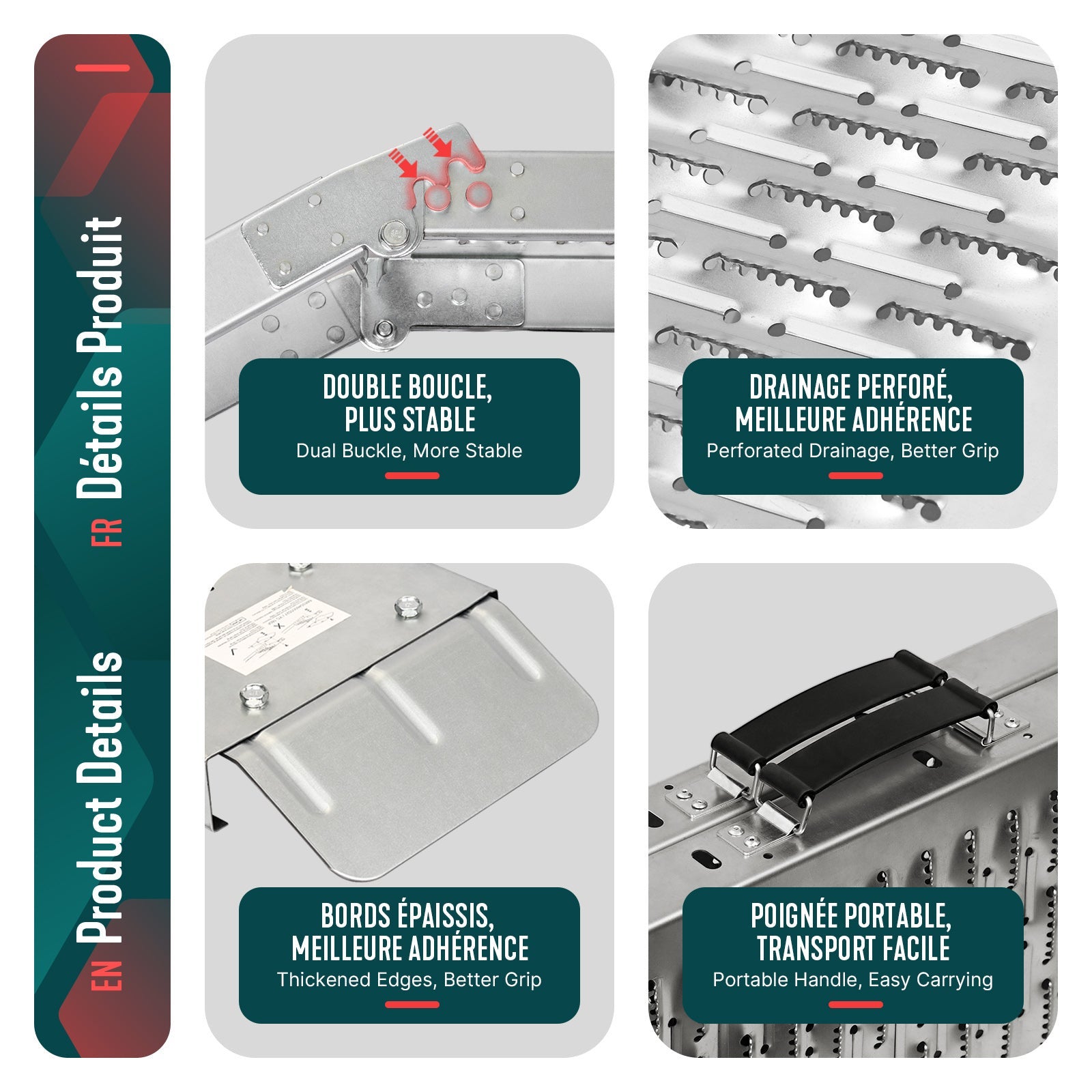 Lot de 2 Rampes de chargement pliable 160cm en acier galvanisé - 400kg max - Rampe d'accès antidérapante avec poignée - VOUNOT® - 5