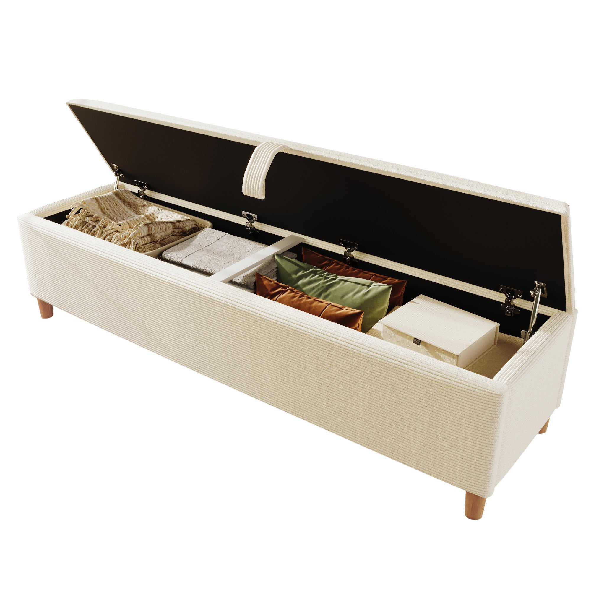 Banc coffre de rangement en velours côtelé, banquette de lit - 165 x 38 x 46 cm - pour chambre, salon et couloir - Beige - 8
