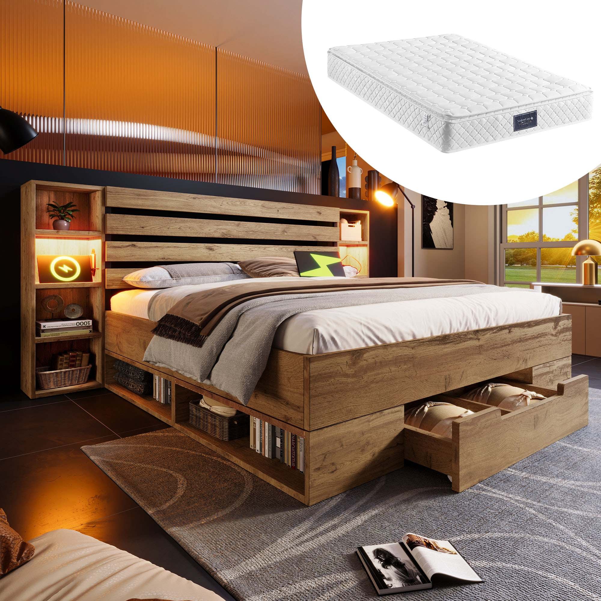Lit Double 160x200 Cm Lit En Bois Massif Avec clairage LED USB C Lit Double 160x200 Cm Lit En Bois Massif Avec clairage LED USB C