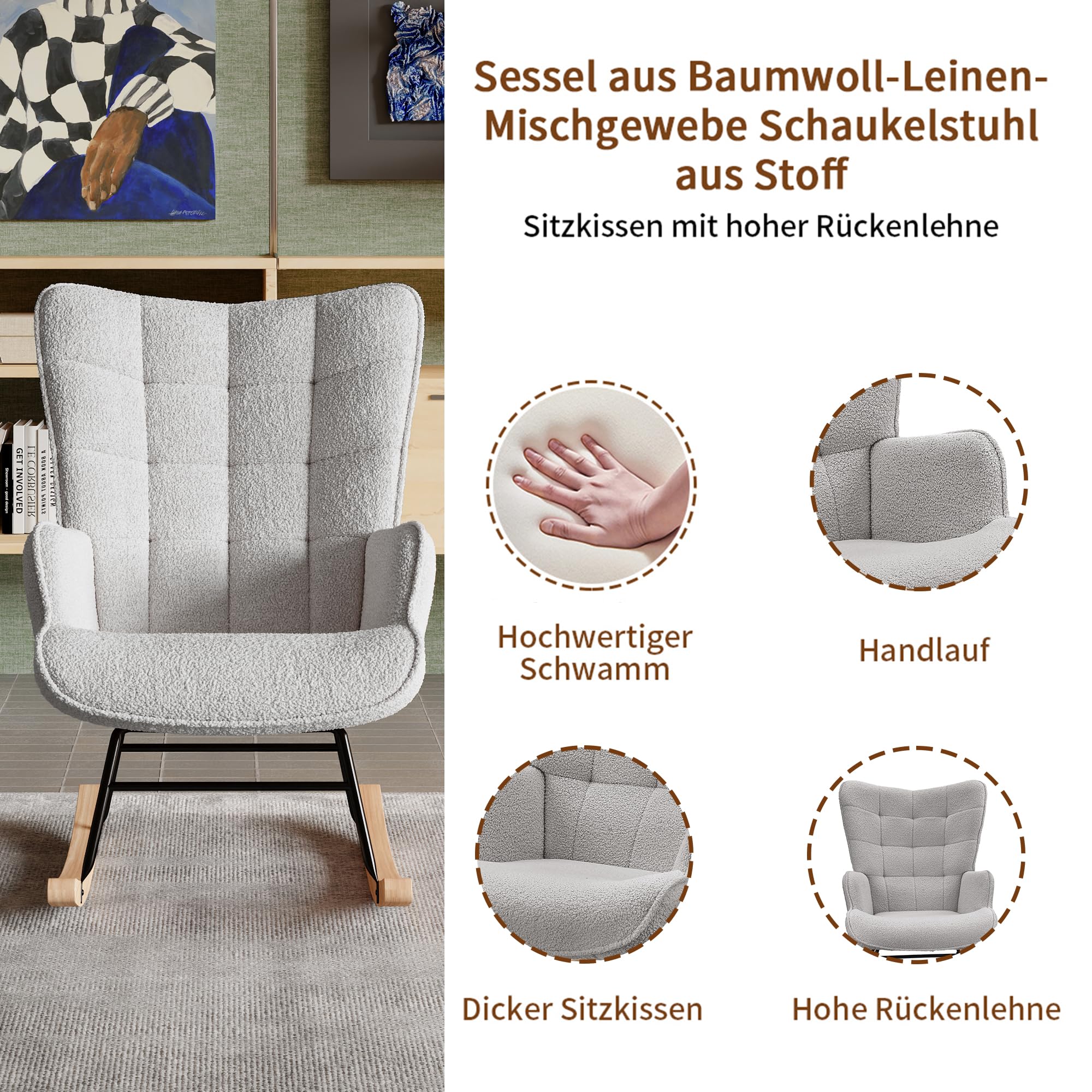 Fauteuil à bascule, d'allaitement, de salon, à bascule, avec structure en métal et base en bois, charge maximale:150 kg, tissu en peluche, Gris clair - 5