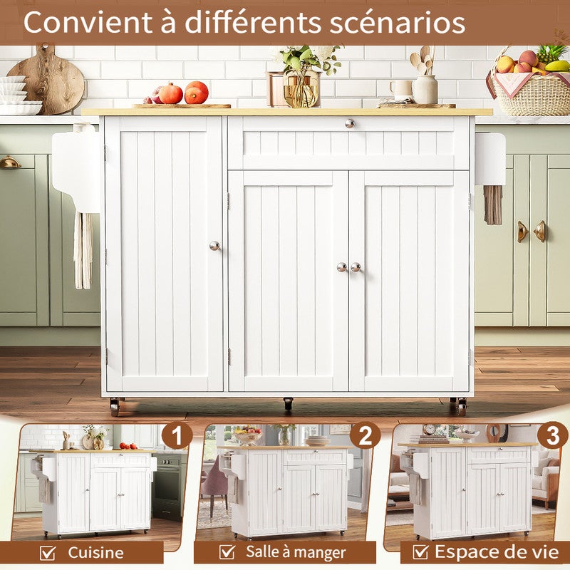 Îlot de cuisine mobile avec 1 tiroir,Chariot de cuisine avec plateau rabattable, Table de bar avec 3 étagères avec portes,Blanc 120×45-70×92 cm - 8
