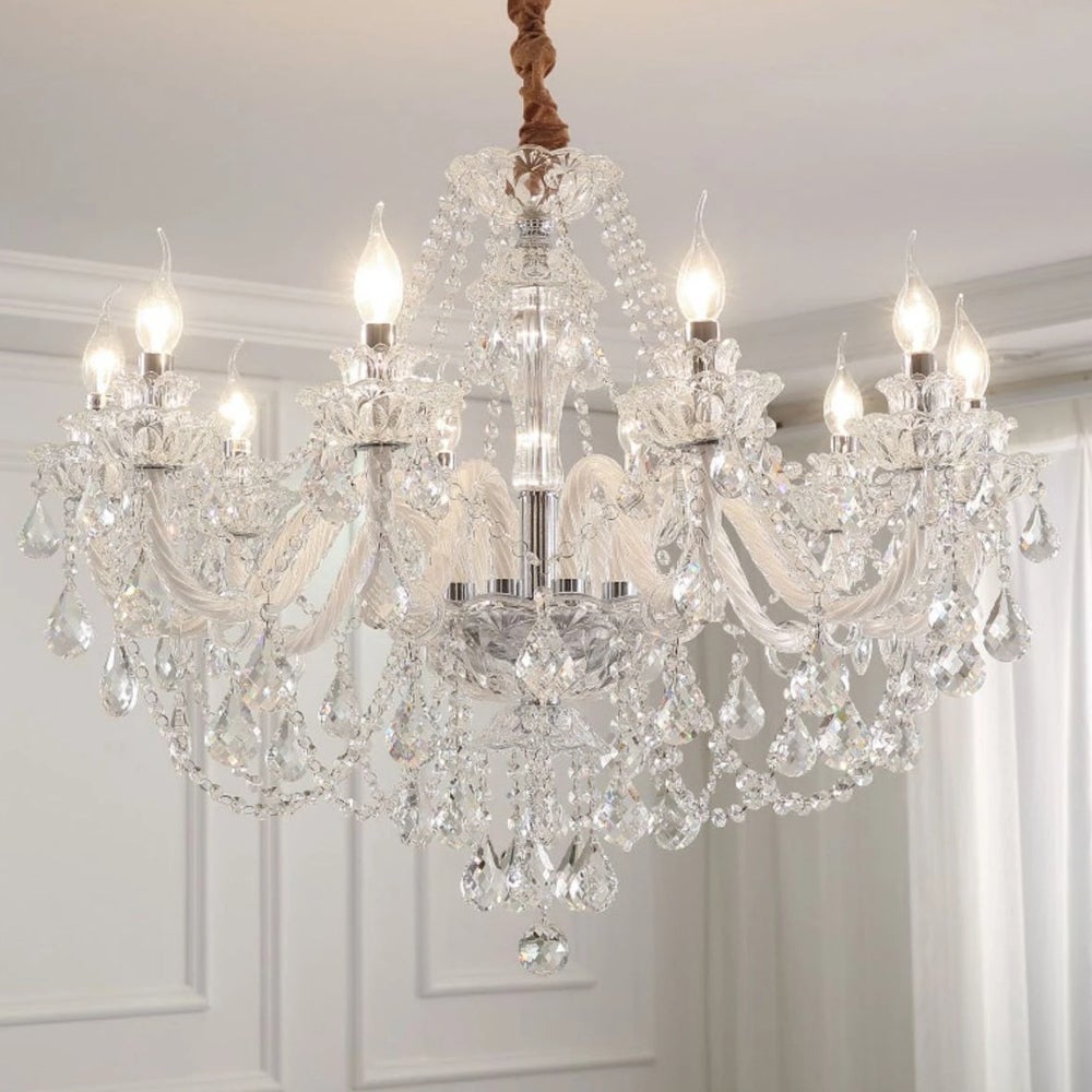 Lámpara de araña europea de cristal de 10 luces, lámpara colgante de lujo con cristal transparente, casquillo e14/atenuación tricolor,lámpara de techo