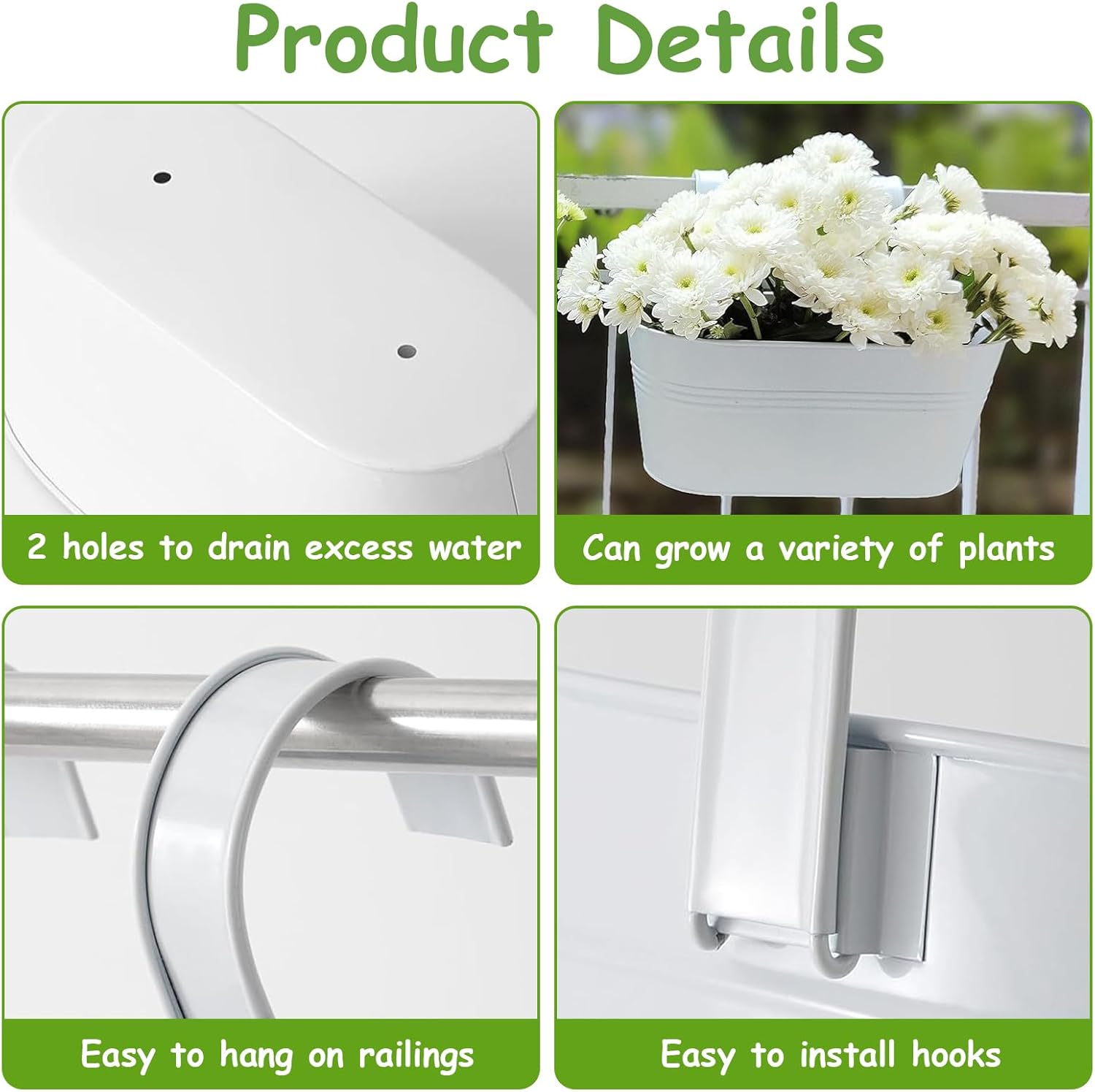 4 Pièces (Blanc) Pots de Fleurs à Suspendre en Métal, Grandes Pot Suspendu, Jardiniere Balcon 27 cm, avec Trou de Drainage, pour Clôture de Balcon, - 3