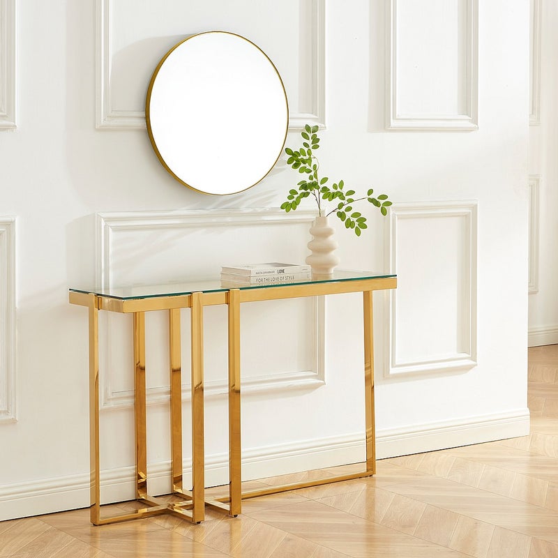 Stolik konsola ze szkła hartowanego i stali nierdzewnej chromowanej – Transparentny i złoty – VELETIA marki Pascal Morabito