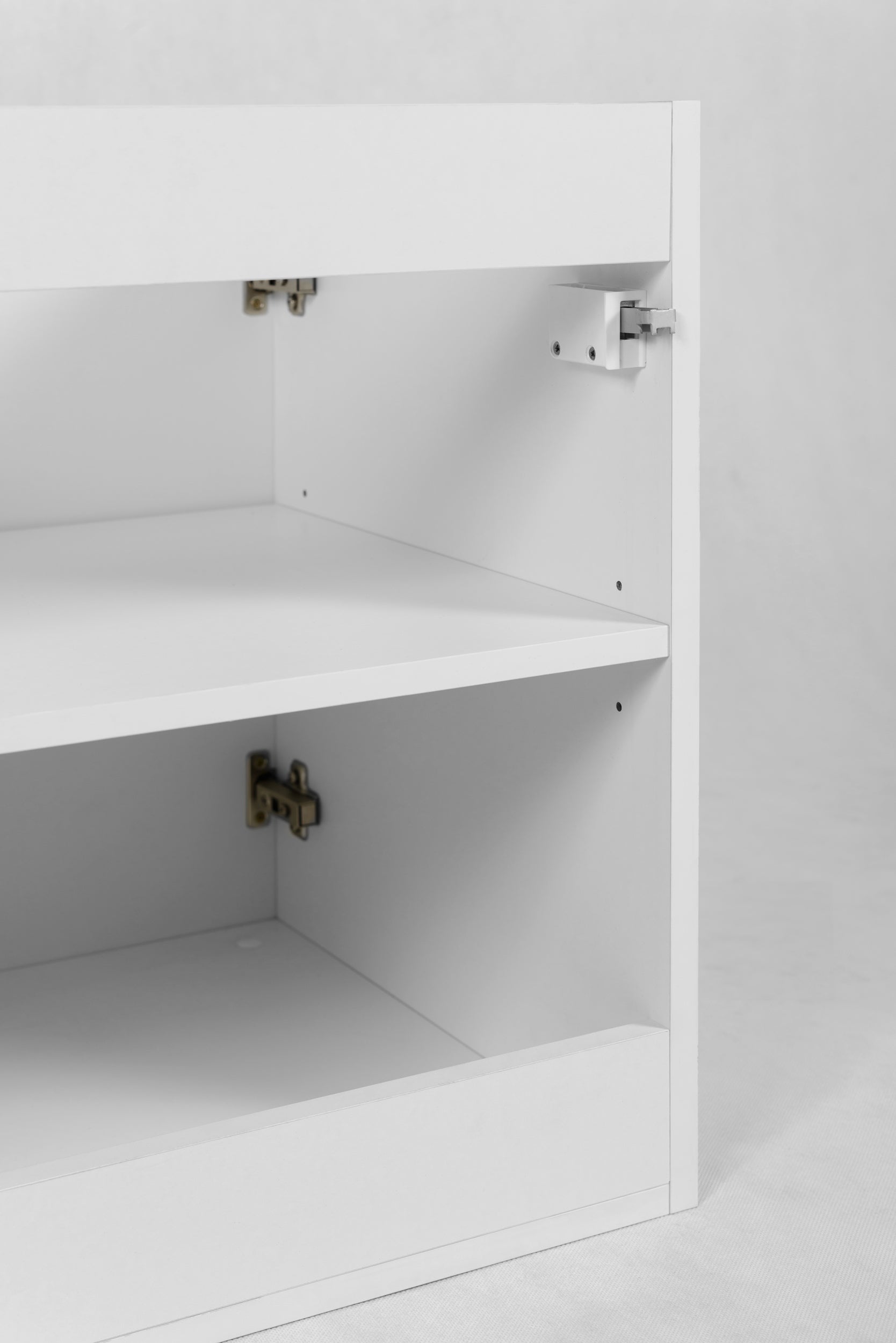 Zestaw łazienkowy FLOW 120 cm biały z blatem dąb craft i regałami - 10
