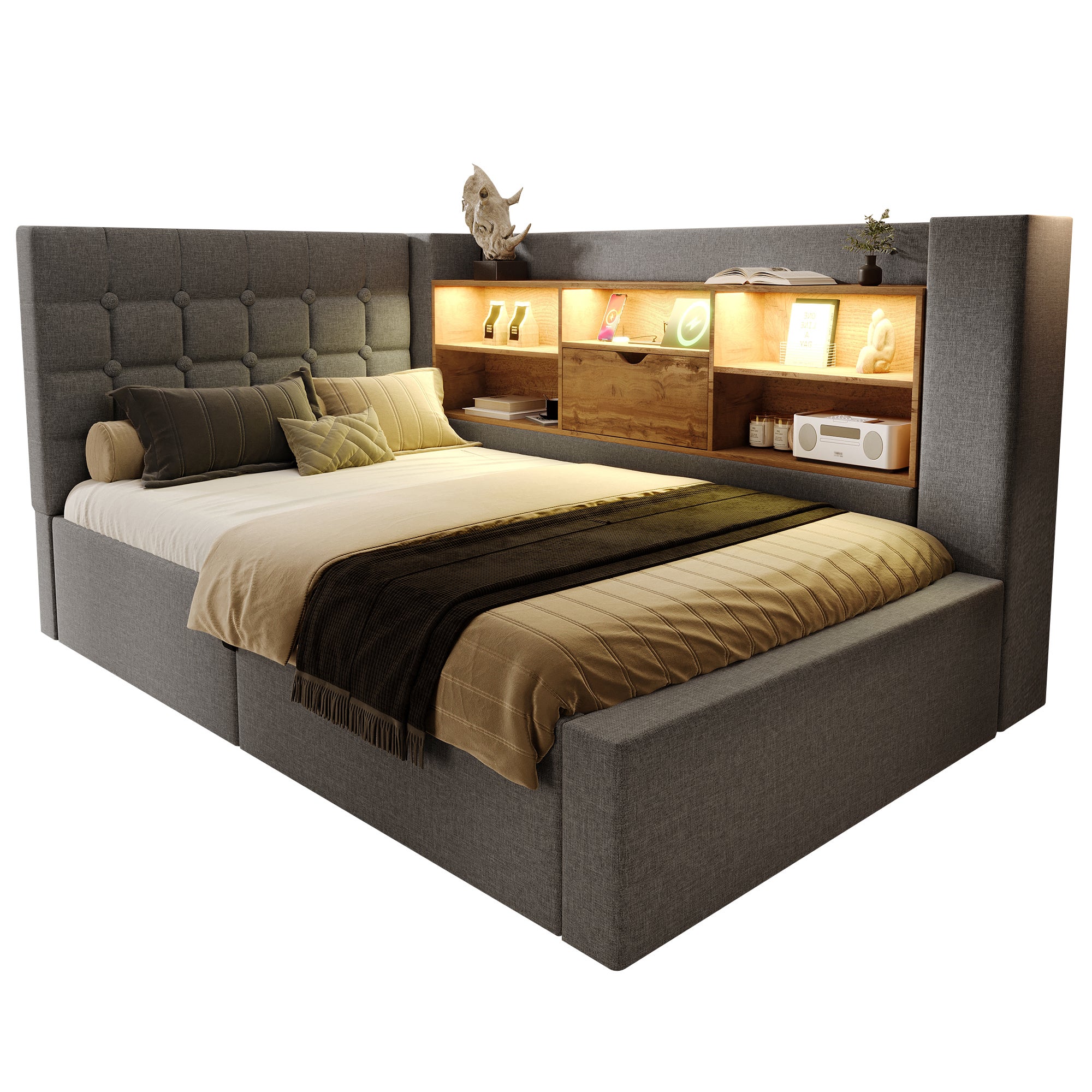 Łóżko z pojemnikiem 90 x 190 cm i 6 przegródkami – tkanina lniana – diody LED i porty USB – kolor szary (materac nie jest dołączony) - 7
