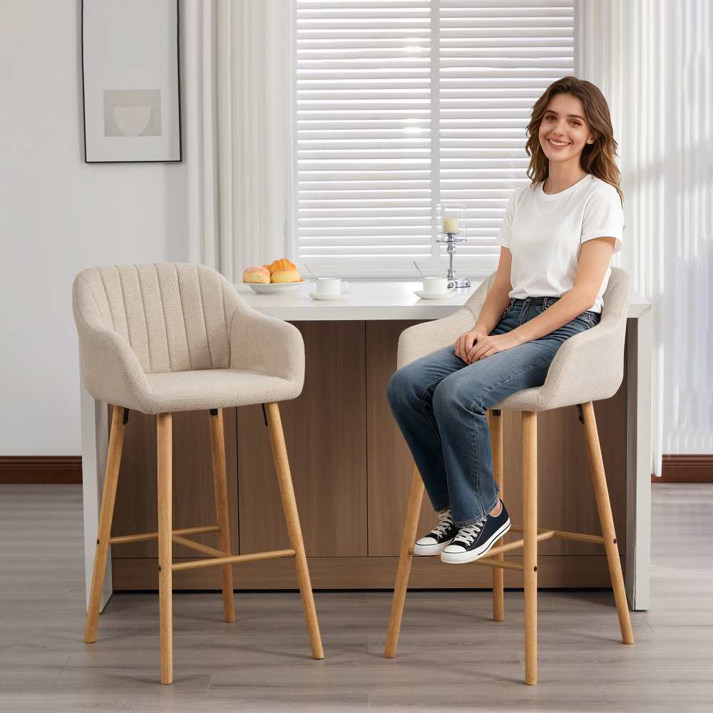 Tabouret de bar moderne vert en lin avec dossier haut et accoudoirs, pieds en bois, lot de 2, style européen pour cuisine ou îlot - 6