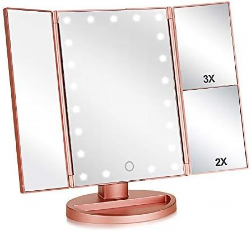 Lustro do makijażu LED, podświetlane lusterko biurkowe LED, powiększenie 1x/2x/3x, obrót o 180 stopni (różowe złoto)