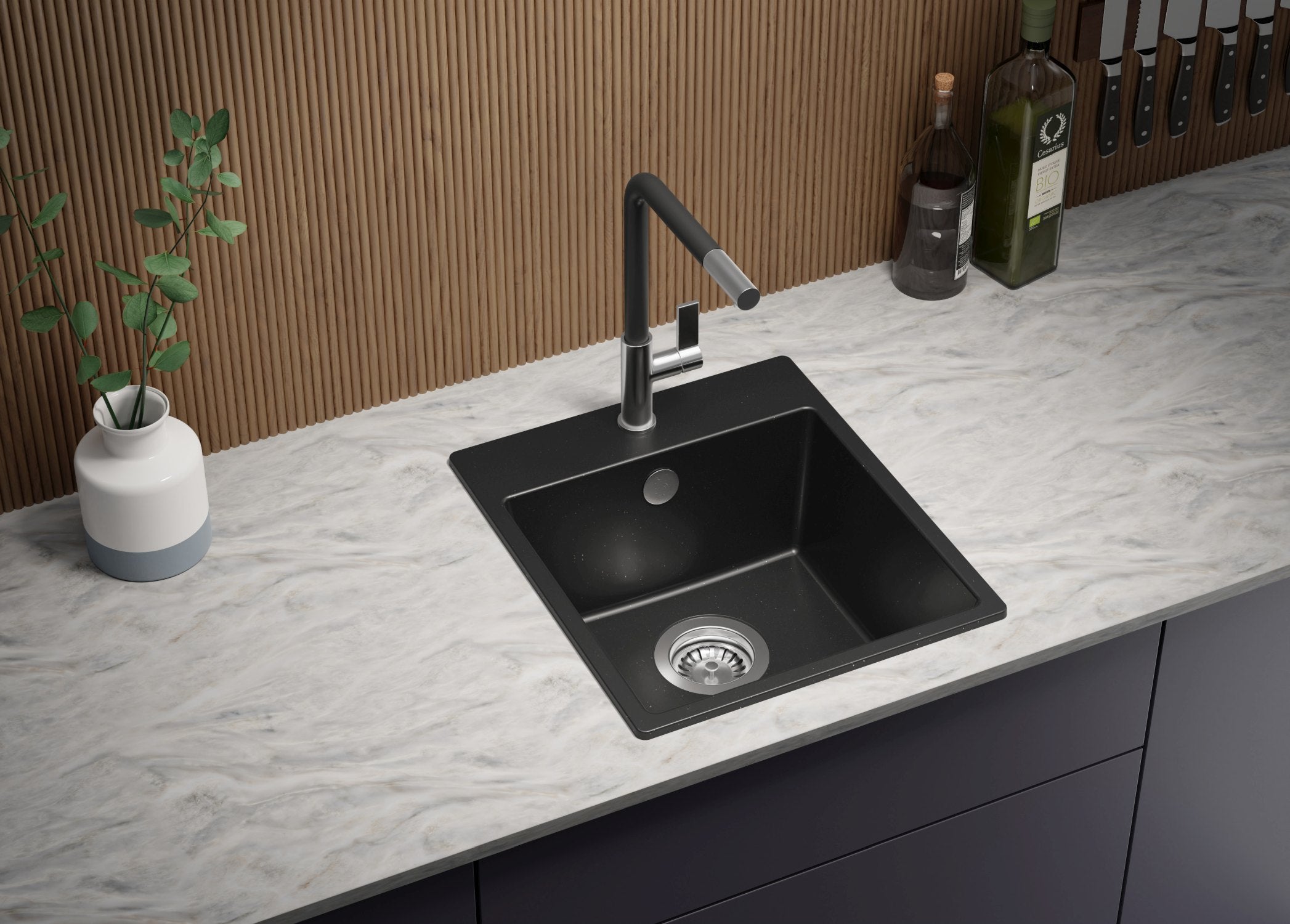 Evier Cuisine en Granit Noir Métallisé 38x44cm, Lavabo 1 bac + Kit de Vidage, Évier à Encastrer au meuble 40cm - Riga Easy PRIMAGRAN - 3