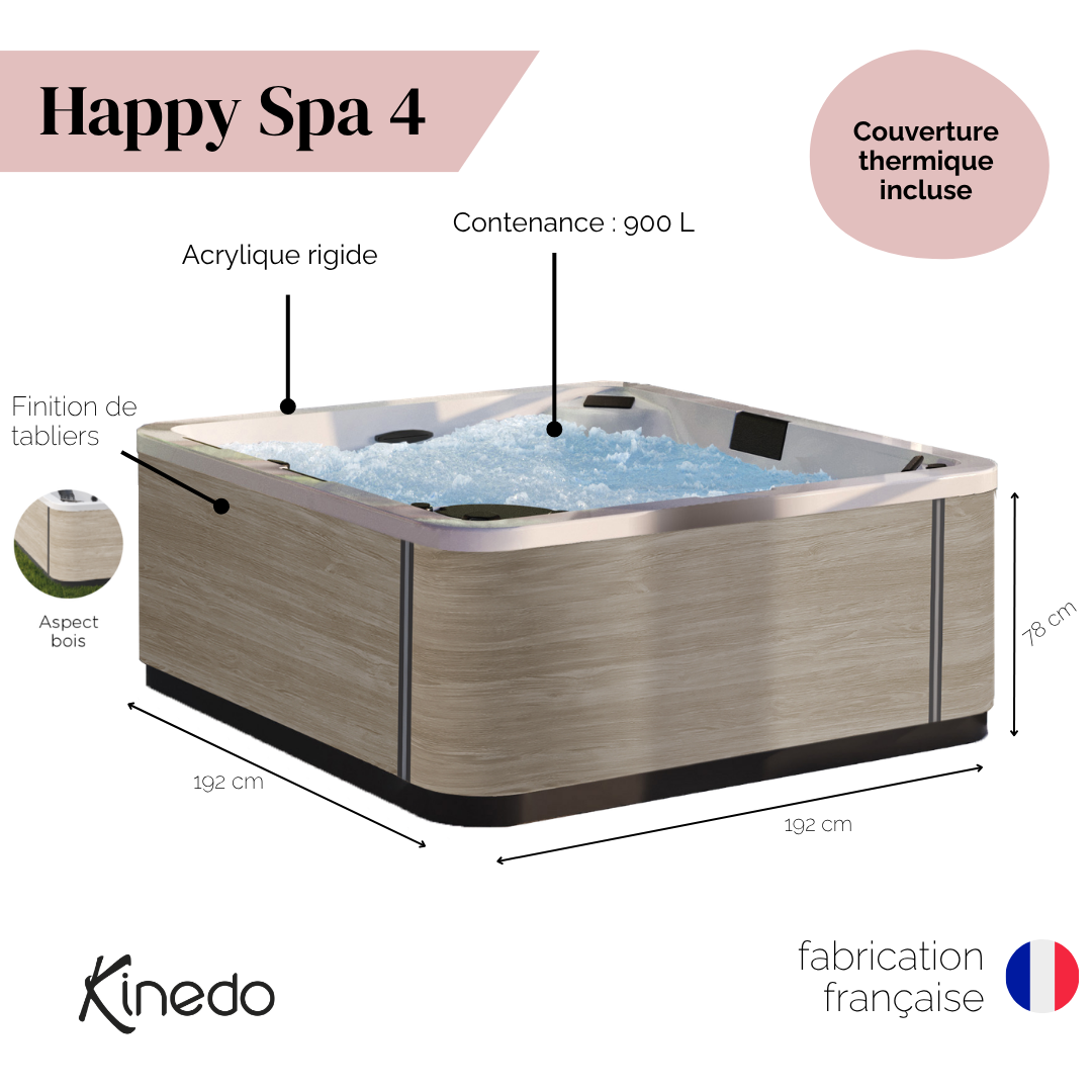 Kinedo - Happy SPA 4 - Bois - 5 places - 192x192x78 cm - 23 buses - Chromothérapie - Fabrication française - 4
